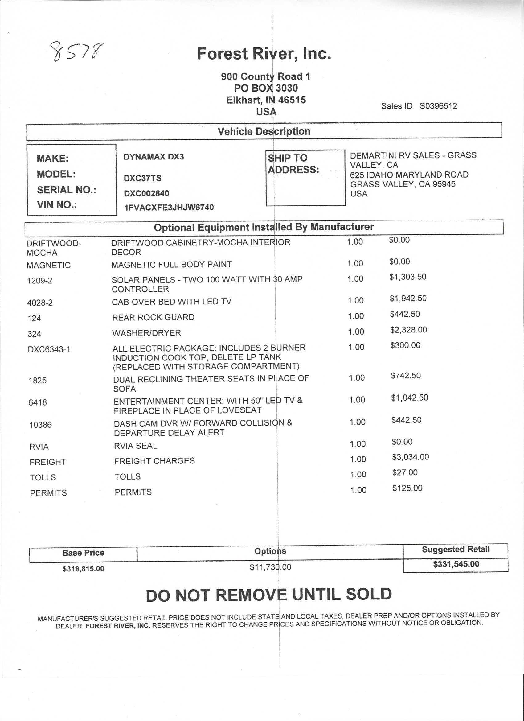 2019 Dynamax DX3 37TS MSRP Sheet