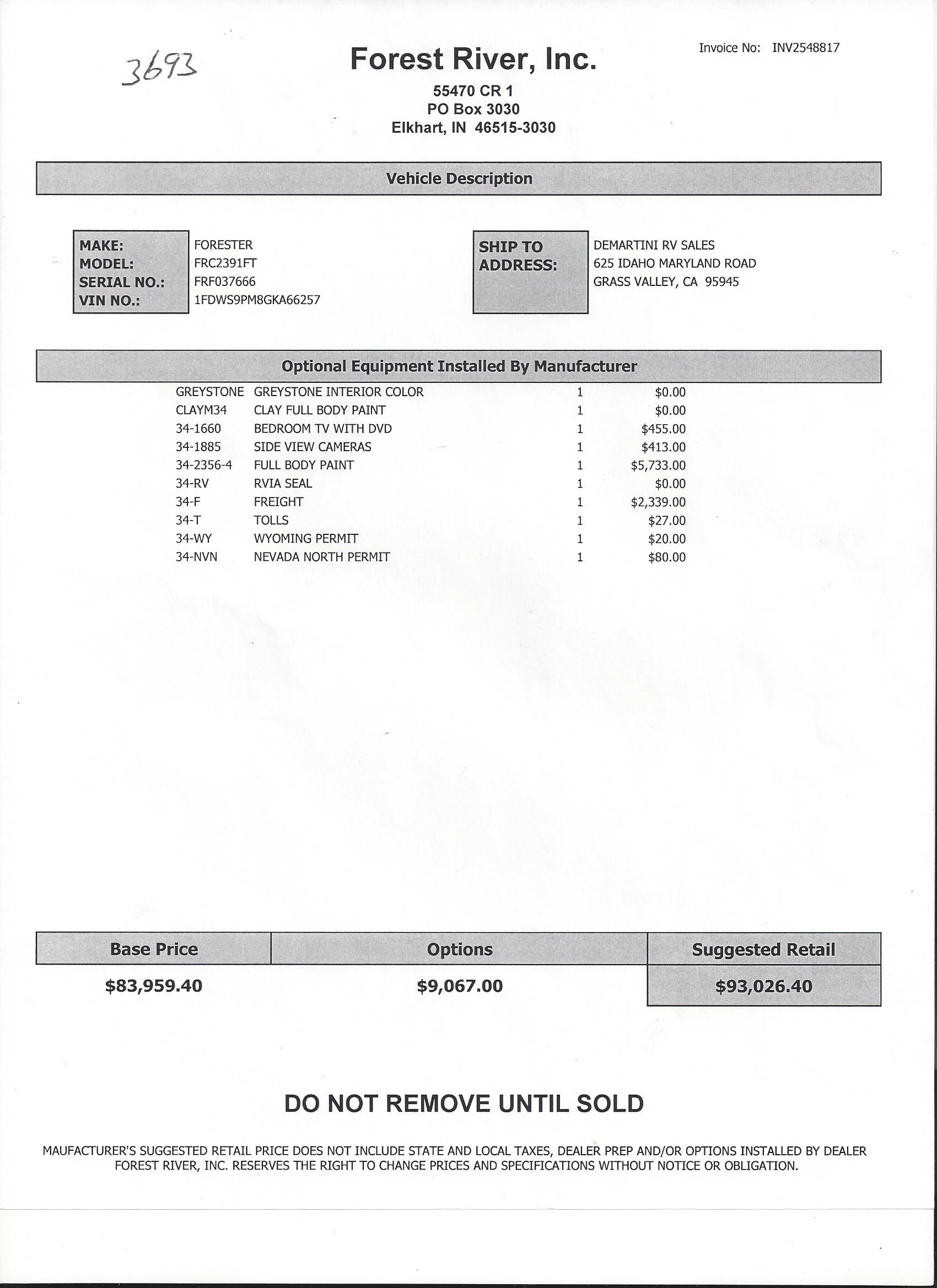 2017 Forest River Forester TS 2391 MSRP Sheet