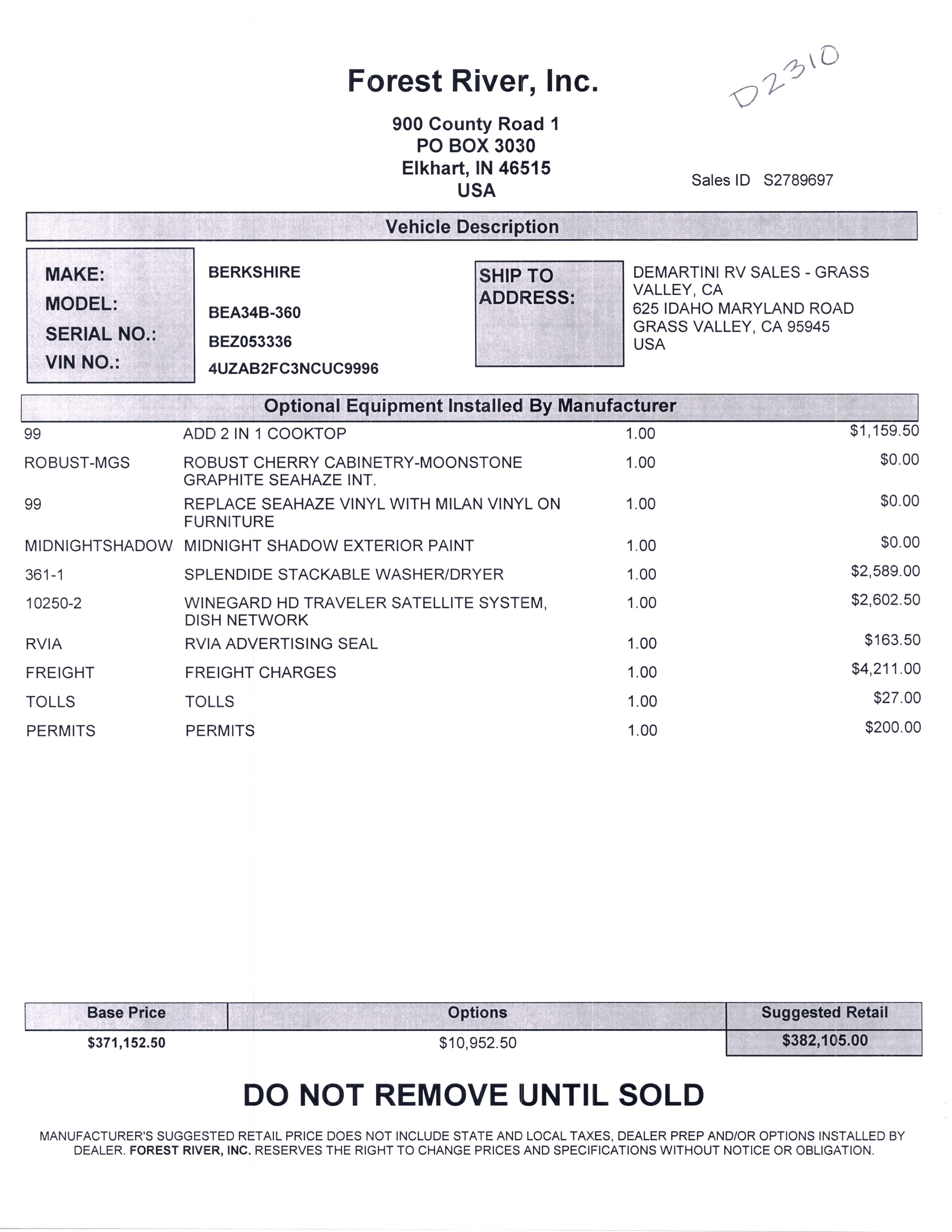 2022 Forest River Berkshire 34B MSRP Sheet