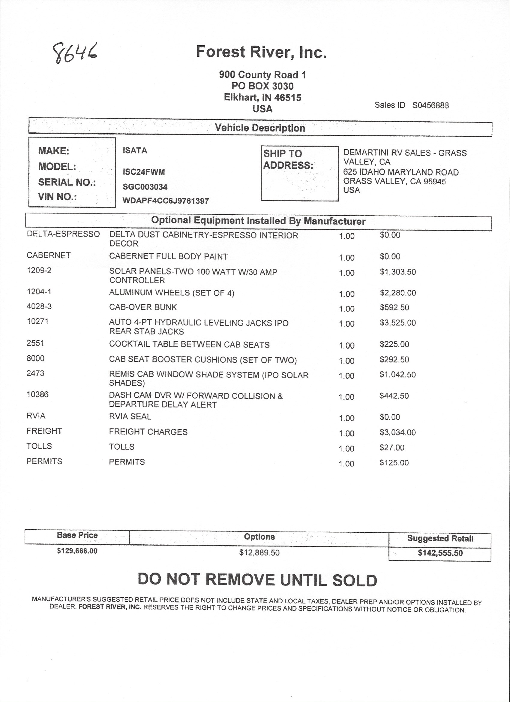 2019 Dynamax Isata 3 24FW MSRP Sheet