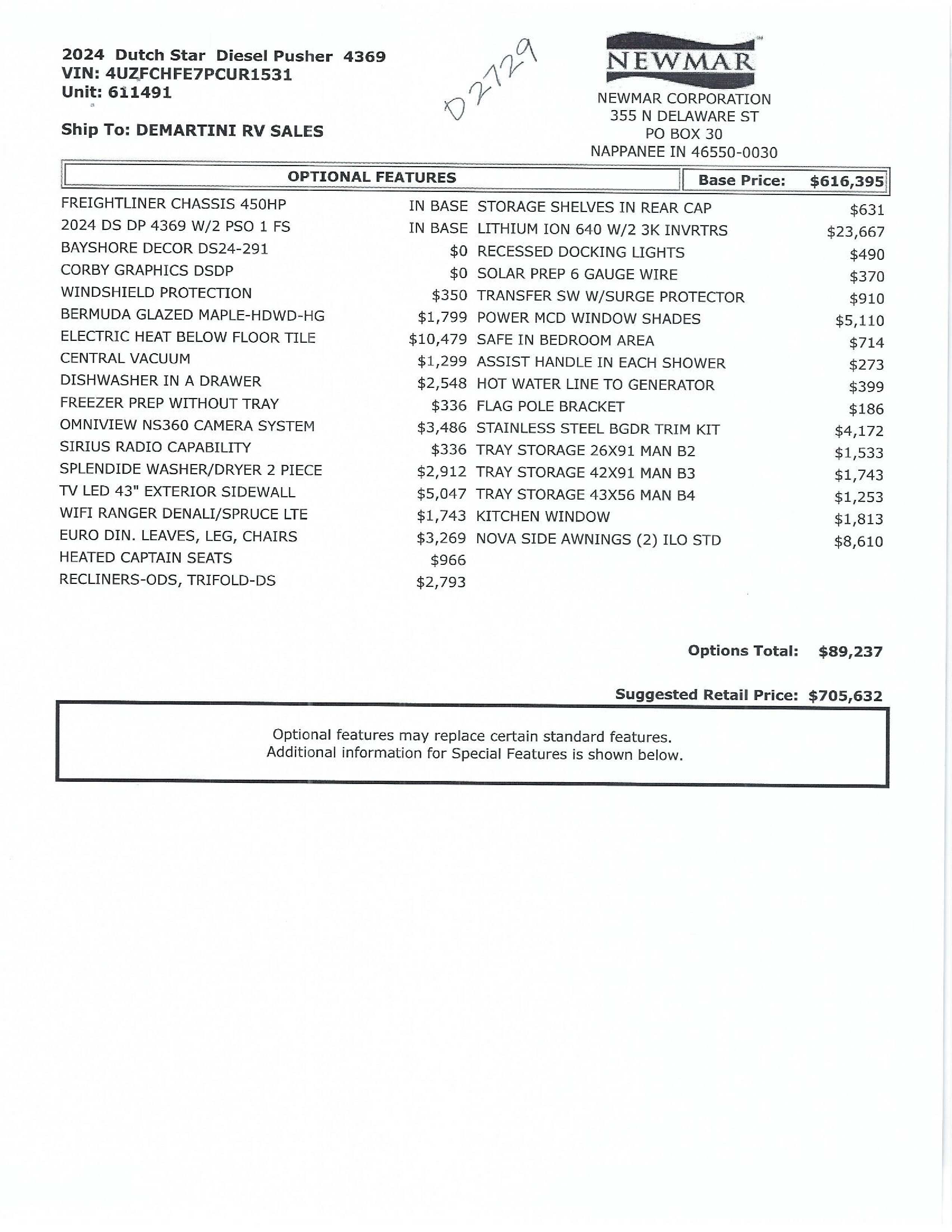 2024 Newmar Dutch Star 4369 MSRP Sheet