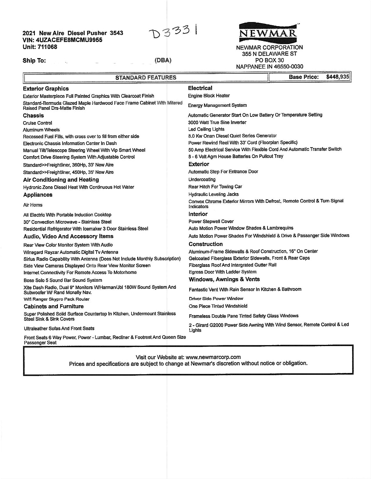 2021 Newmar New Aire 3543 MSRP Sheet