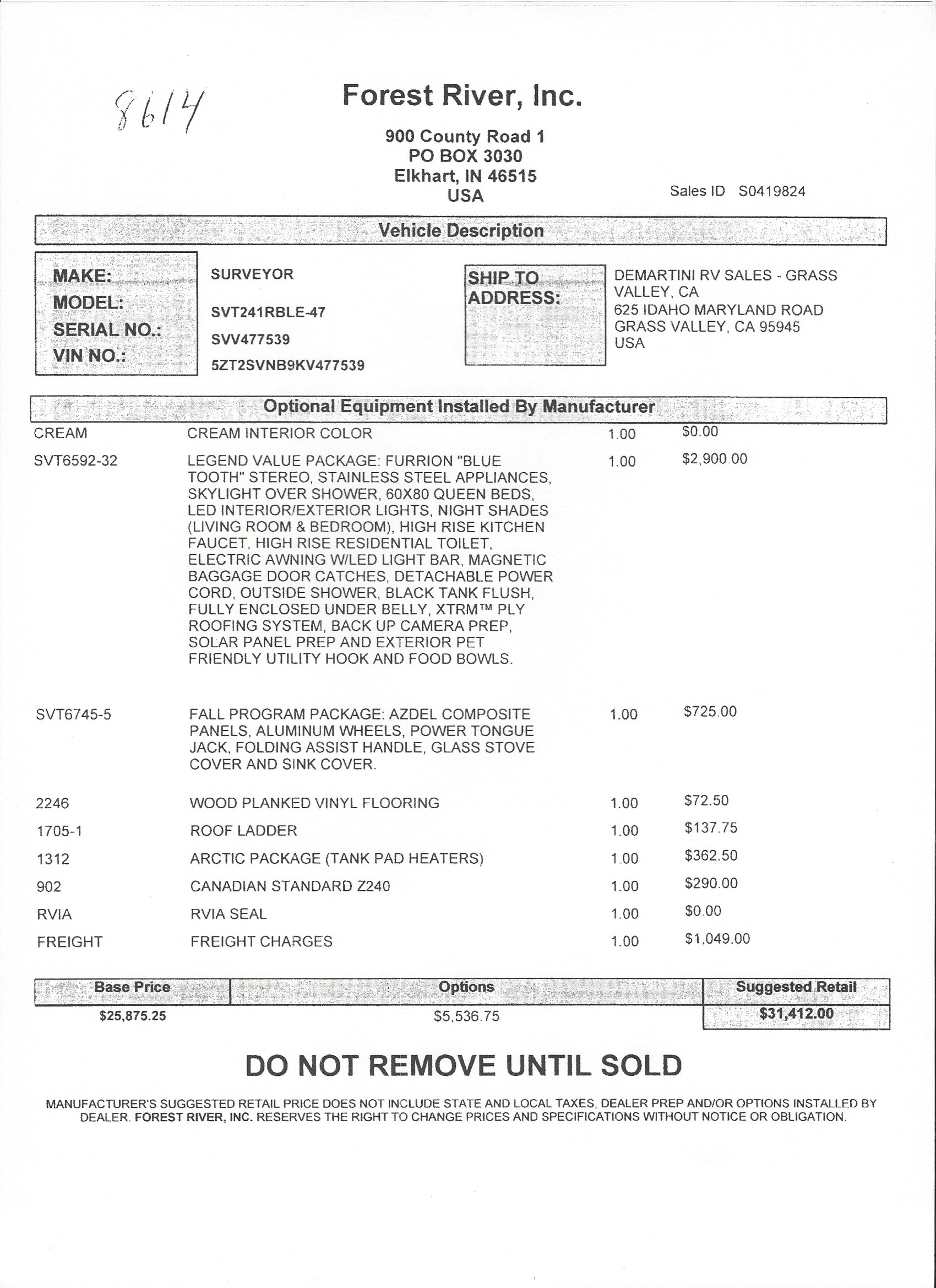 2019 Forest River Surveyor Legend 241RBLE MSRP Sheet