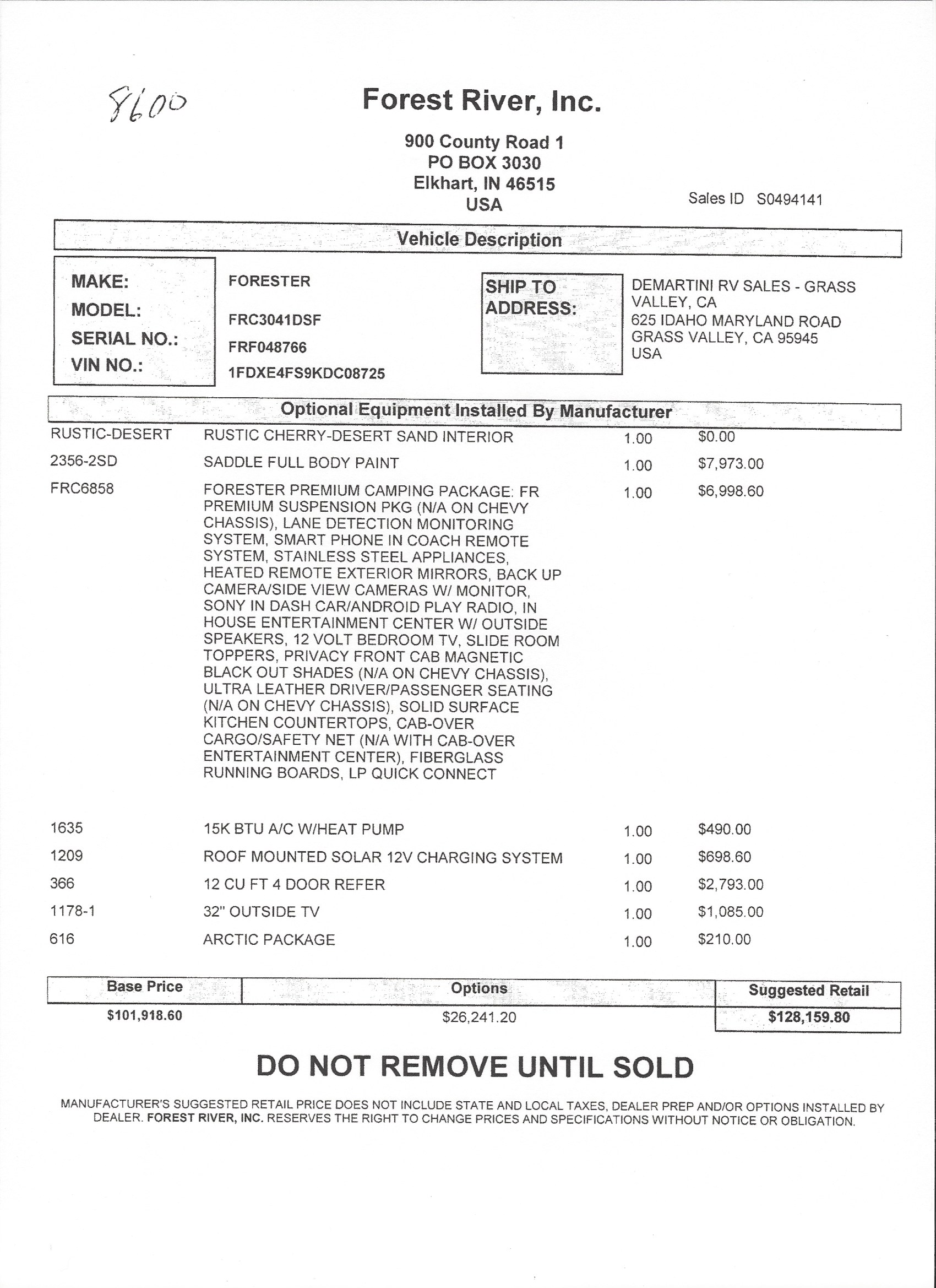 2019 Forest River Forester 3041DS MSRP Sheet