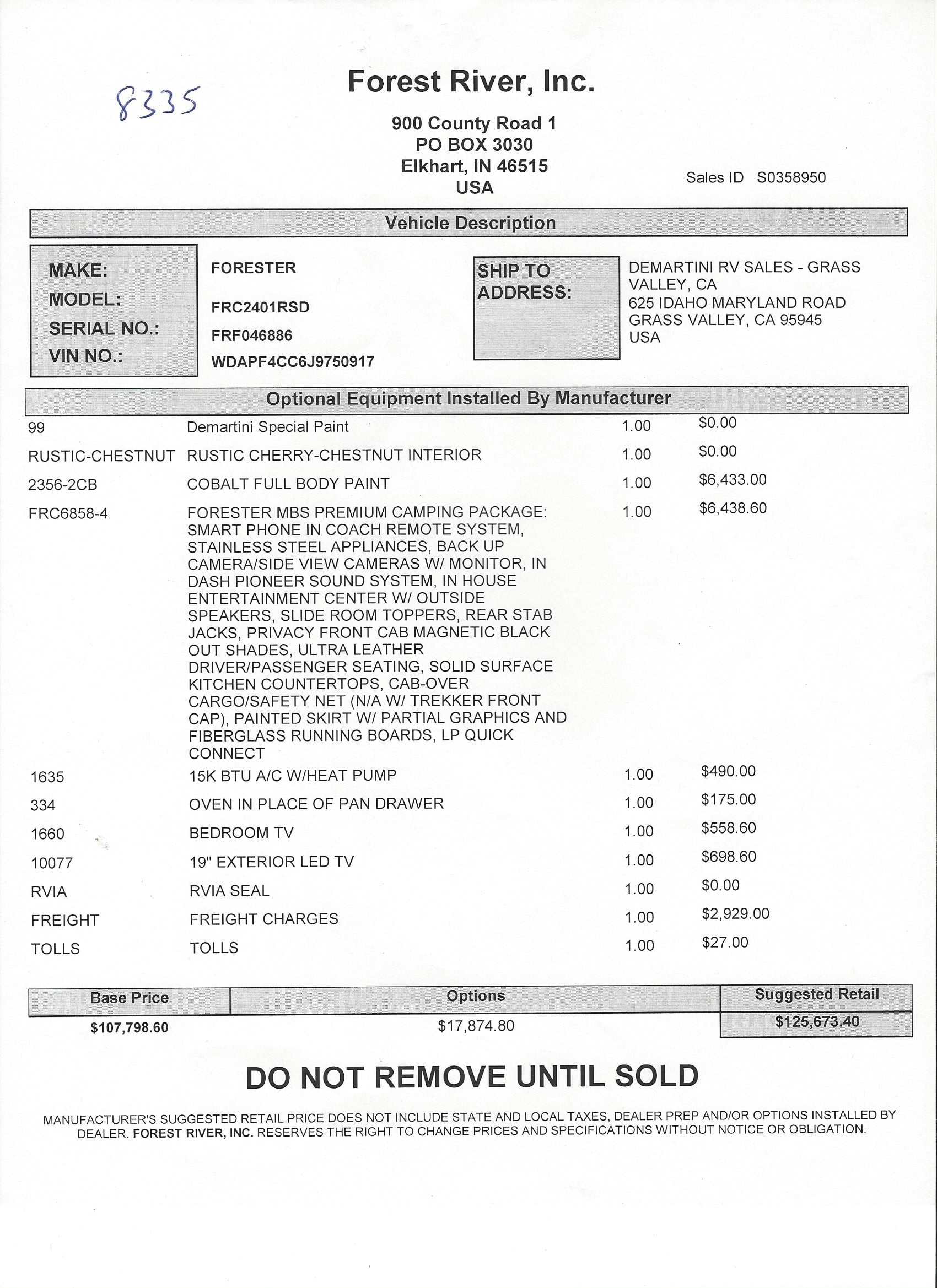 2019 Forest River Forester MBS 2401R MSRP Sheet