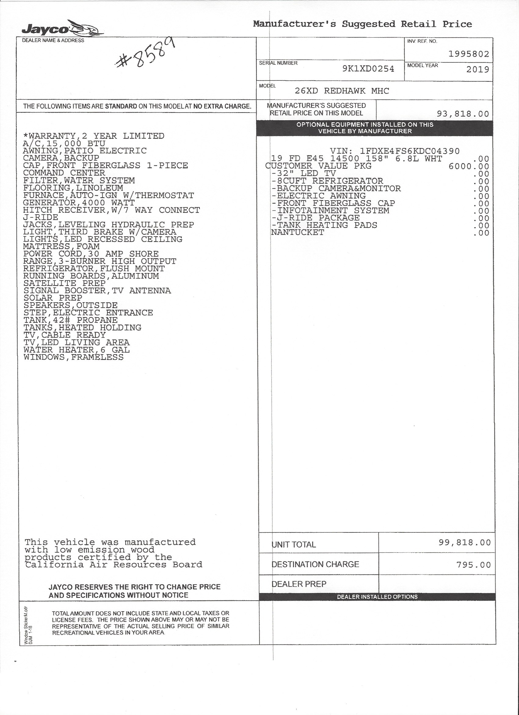 2019 Jayco Redhawk 26XD MSRP Sheet