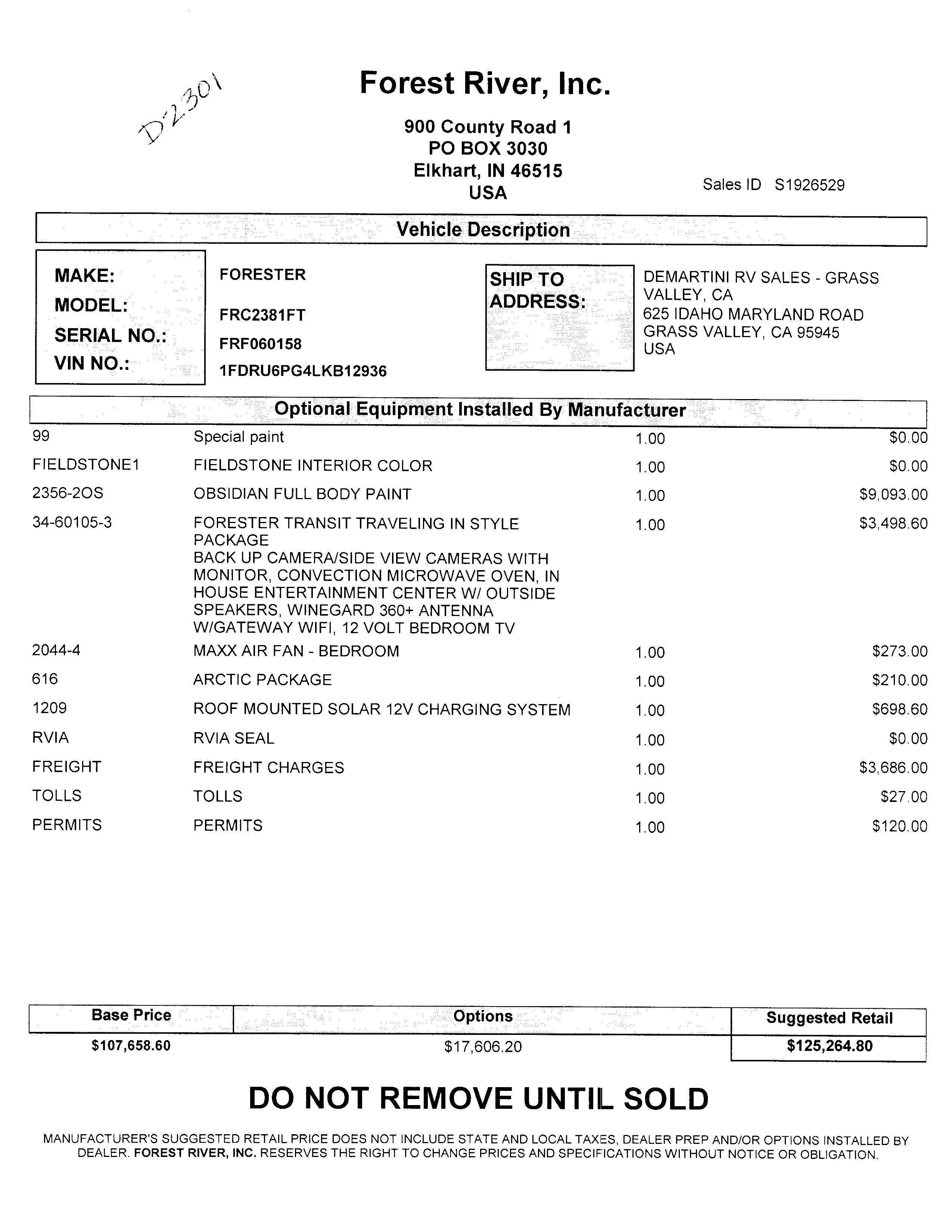 2022 Forest River Forester TS 2381 MSRP Sheet