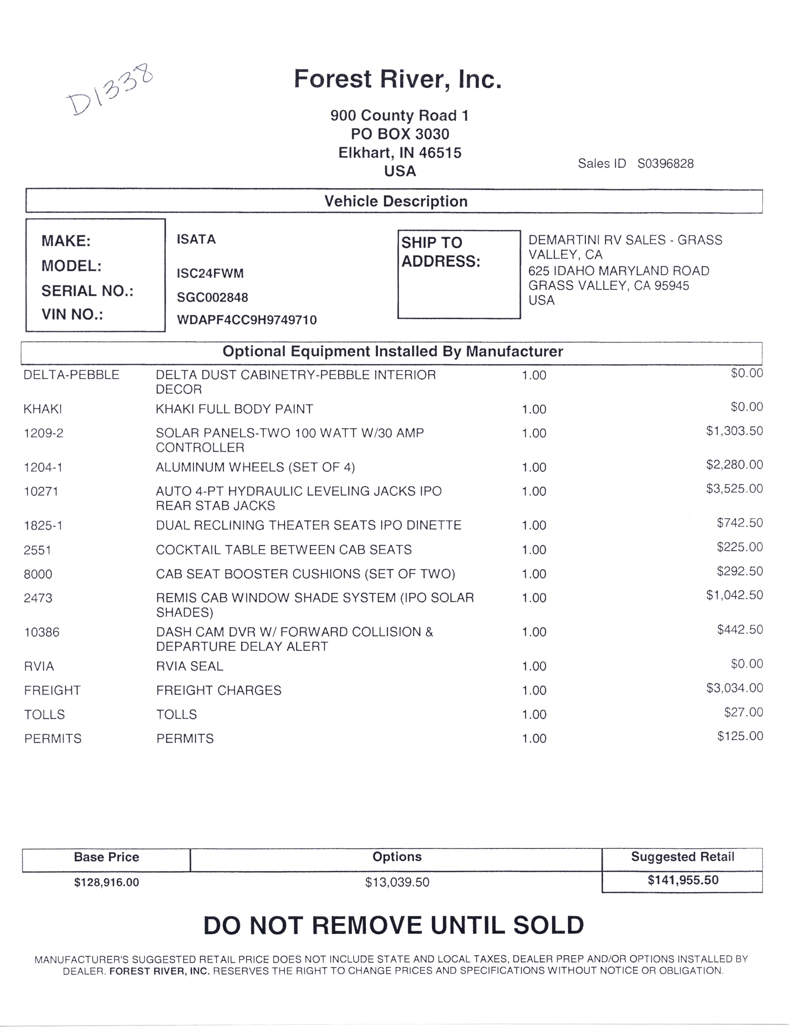 2019 Dynamax Isata 3 24FW MSRP Sheet