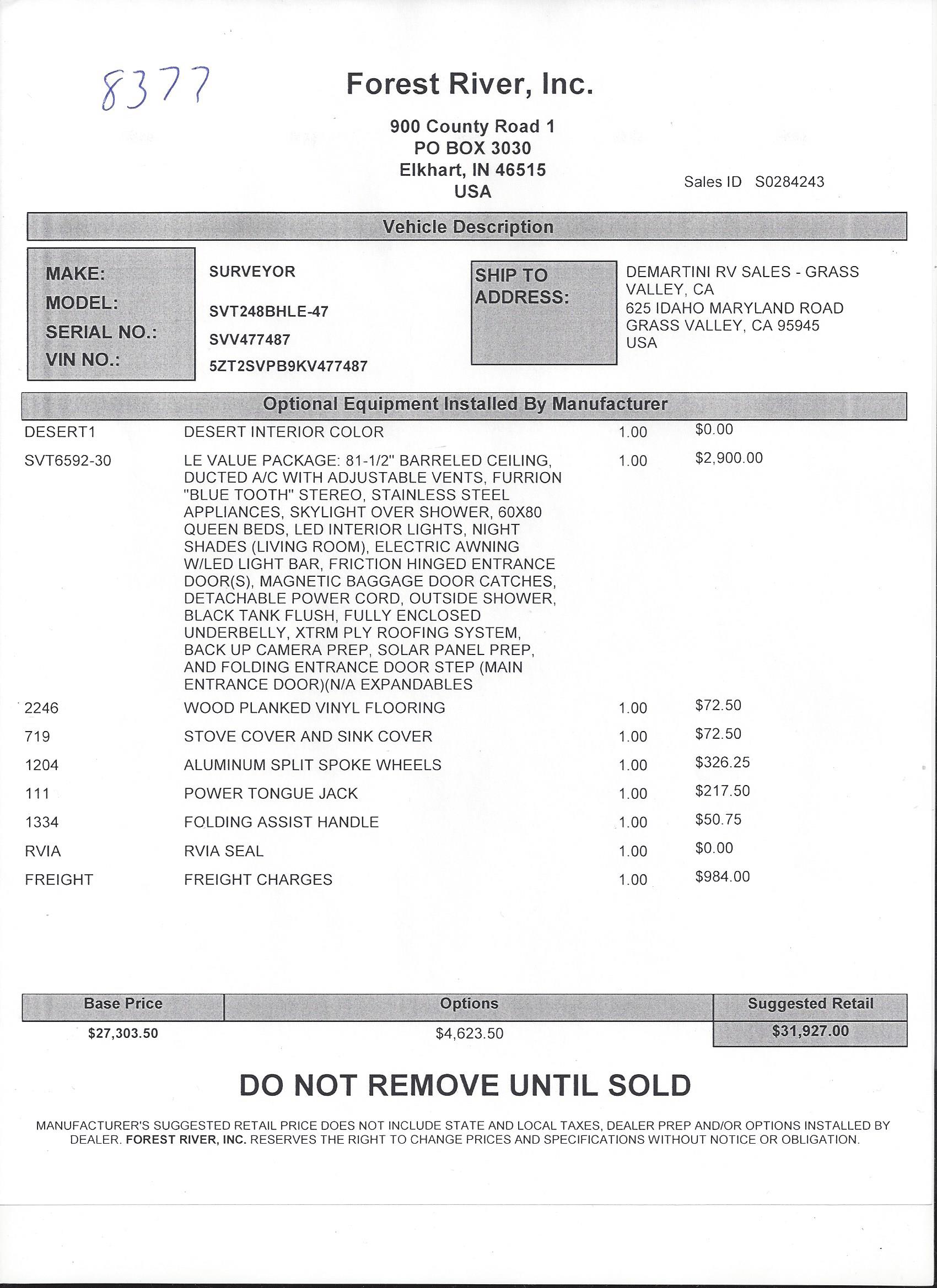 2019 Forest River Surveyor 248BHLE MSRP Sheet