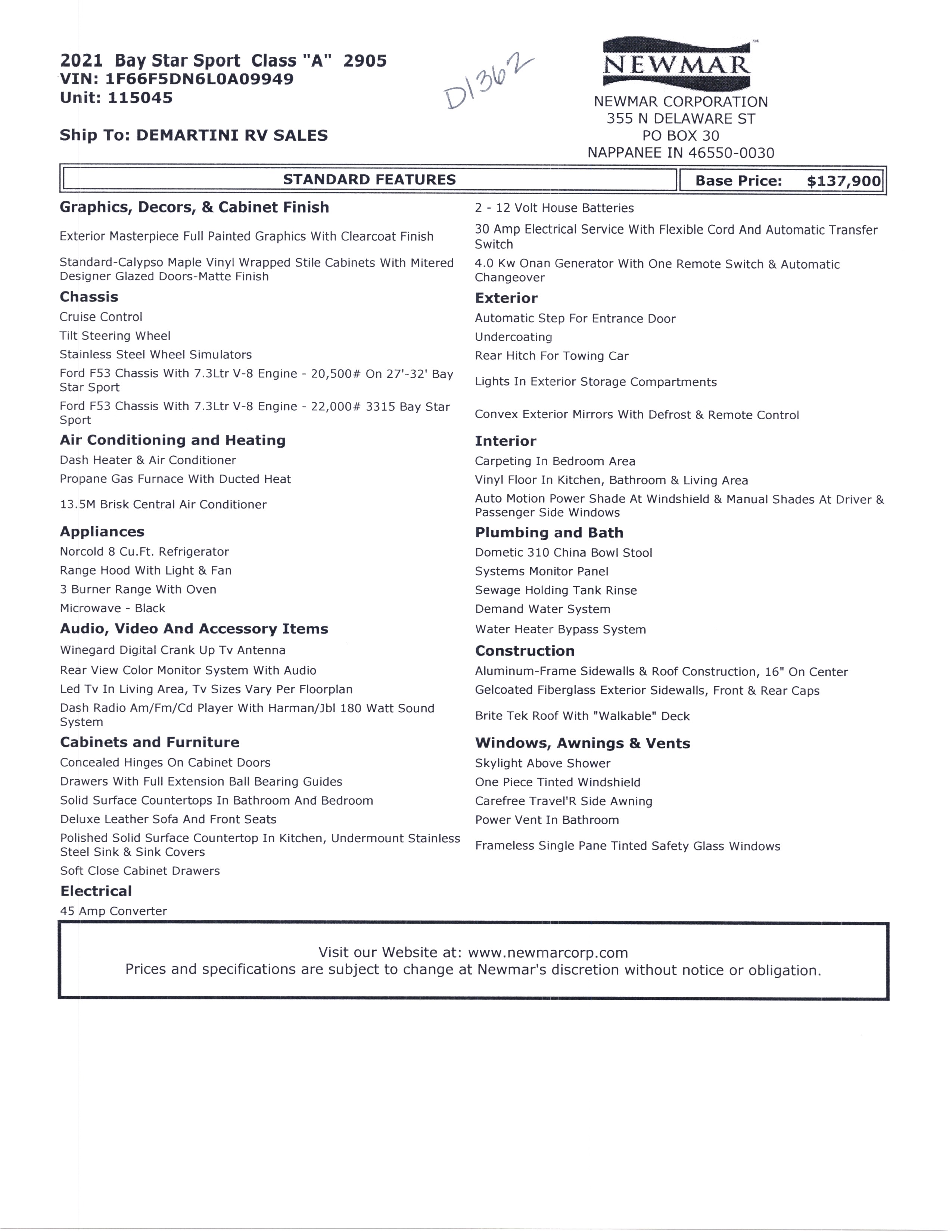 2021 Newmar Bay Star Sport 2905 MSRP Sheet