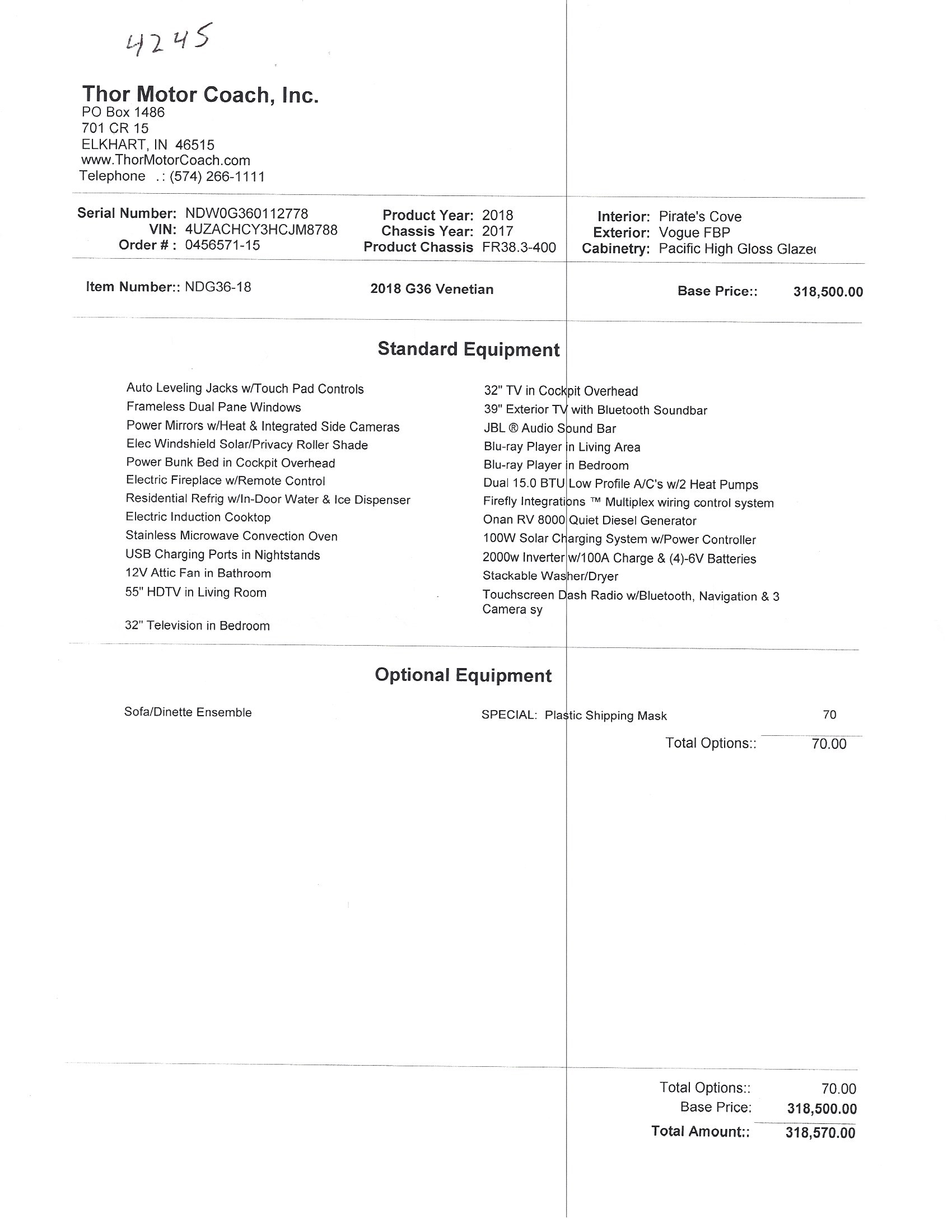 2018 Thor Venetian G36 MSRP Sheet