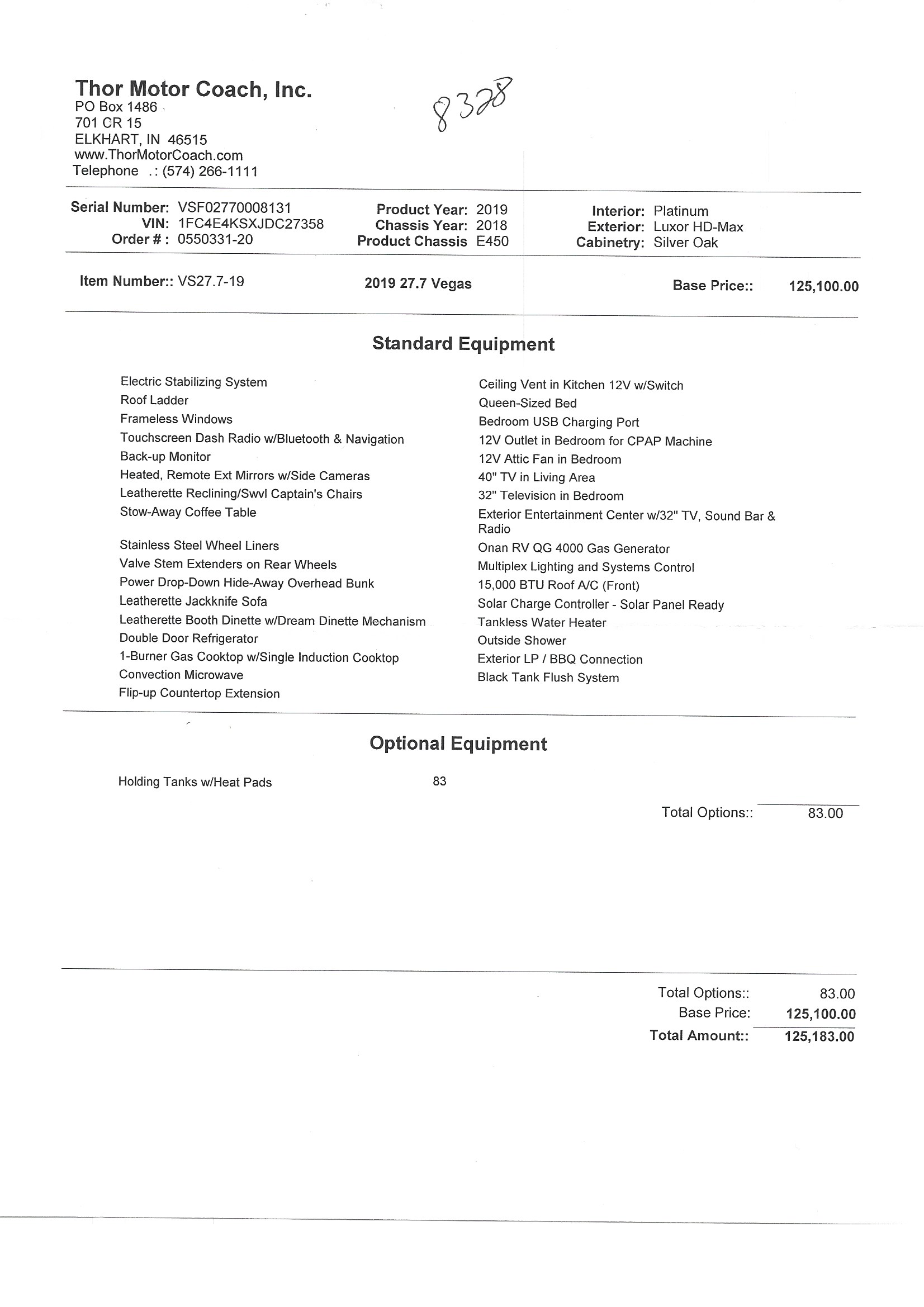 2019 Thor Vegas 27.7 MSRP Sheet