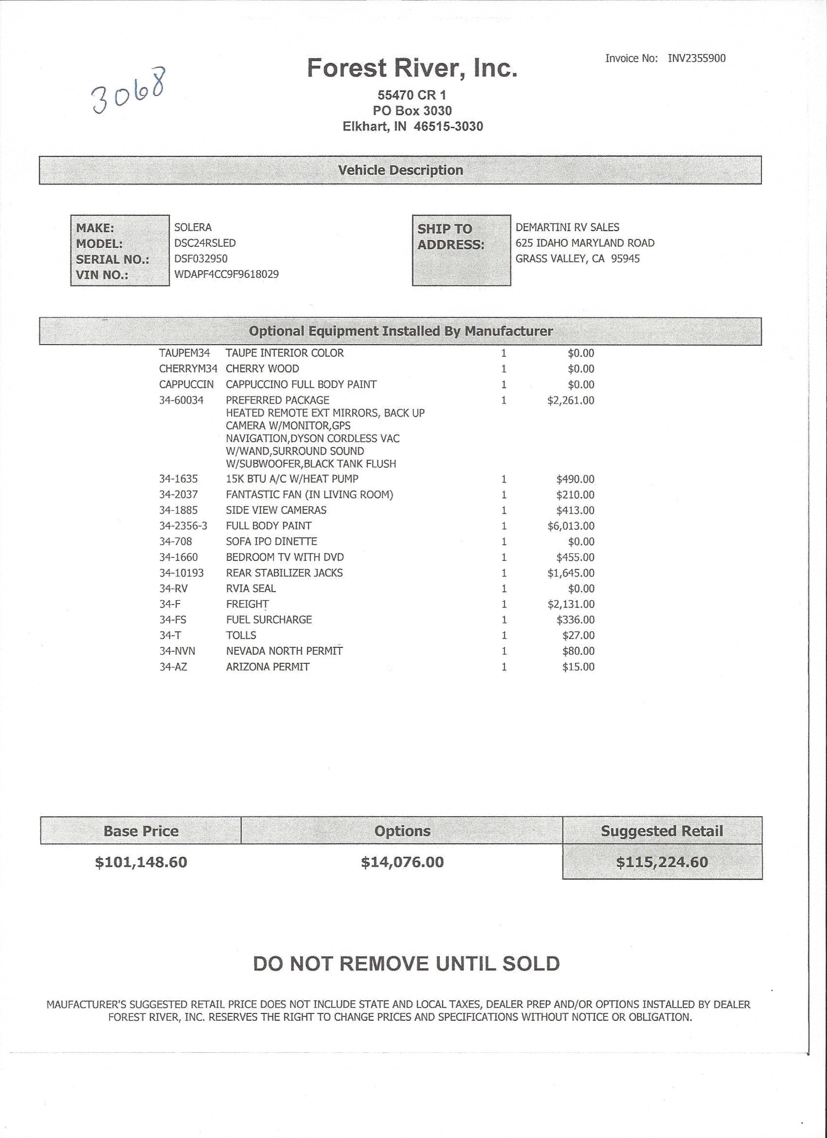 2016 Forest River Solera 24R MSRP Sheet