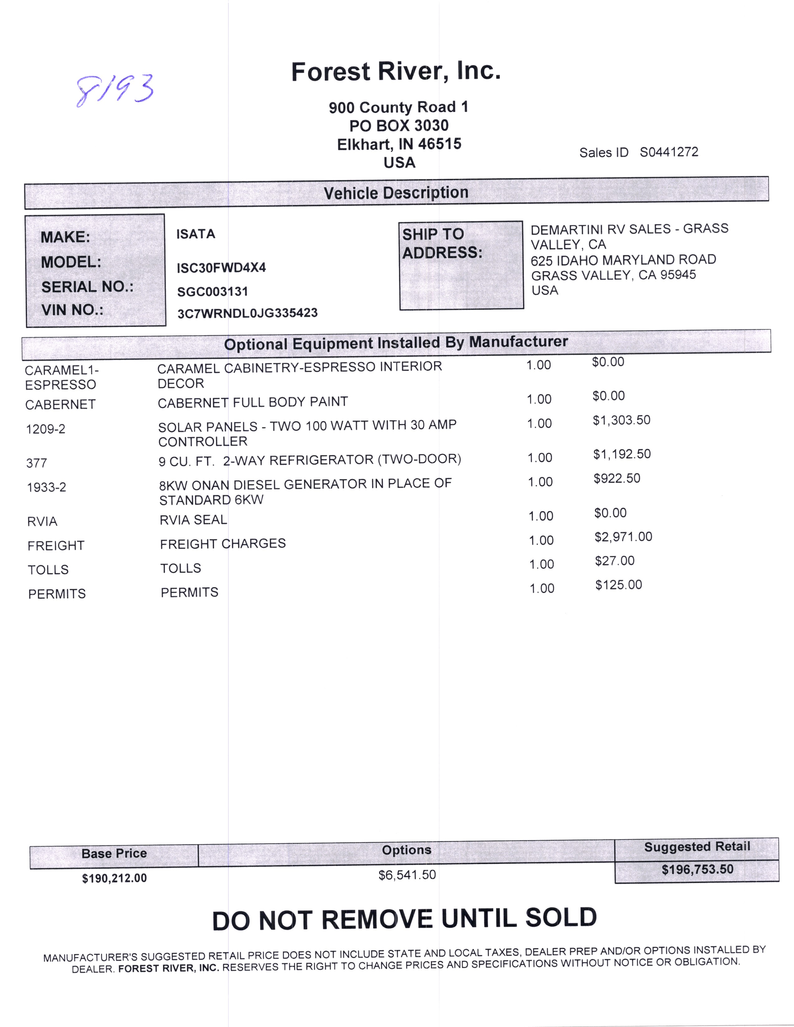 2019 Dynamax Isata 5 30FW 4x4 MSRP Sheet