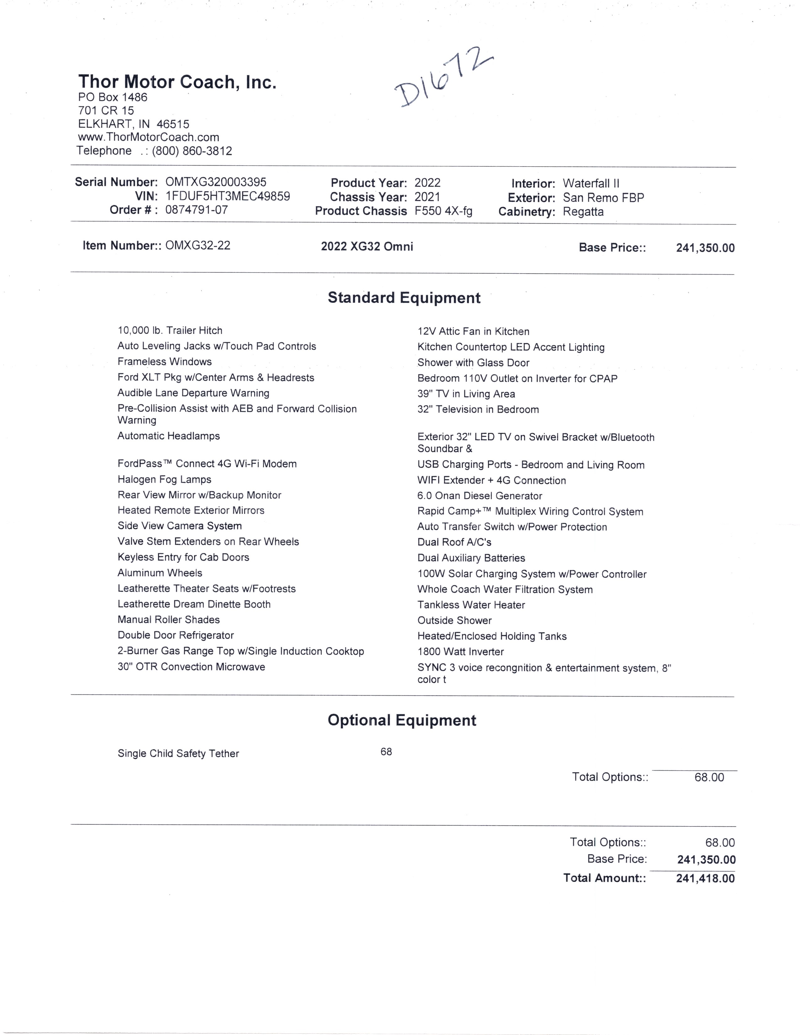 2022 Thor Omni 4x4 XG32 MSRP Sheet