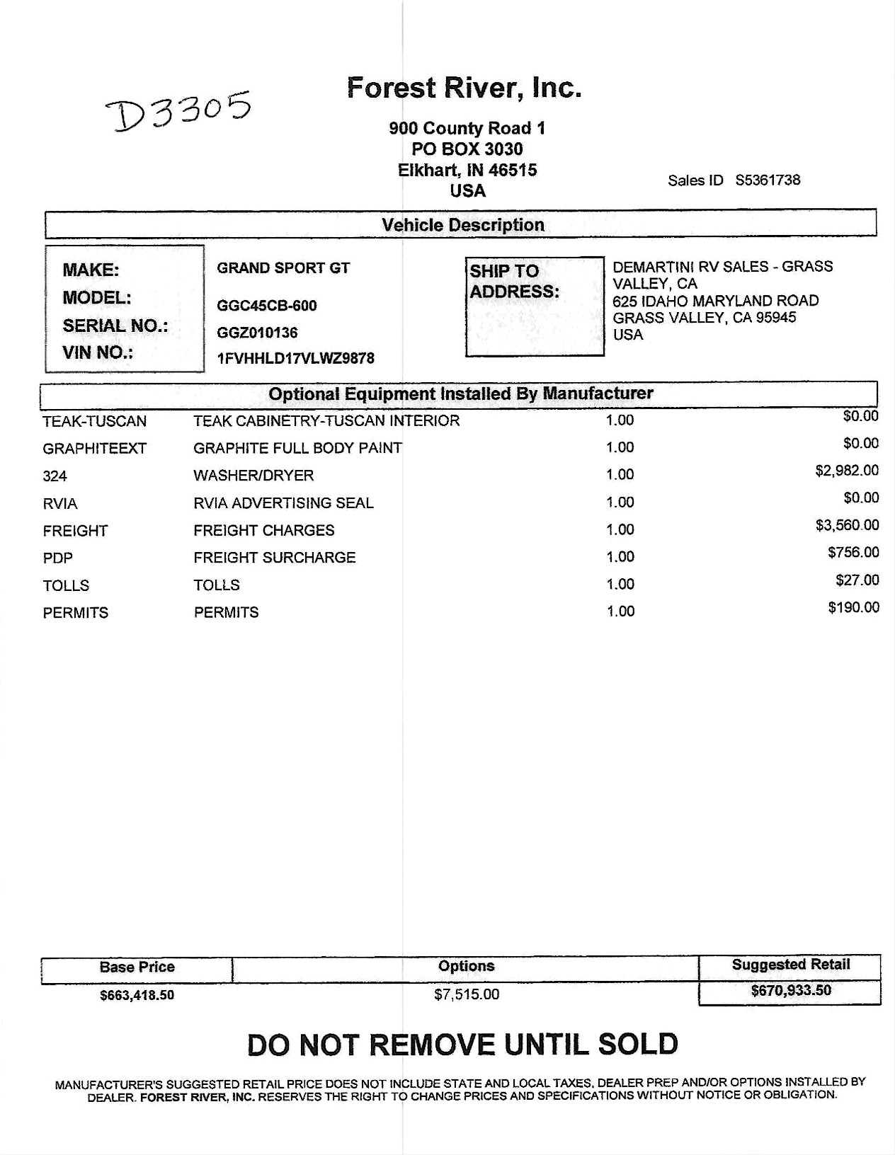 2027 Dynamax Grand Sport GT 45CB MSRP Sheet