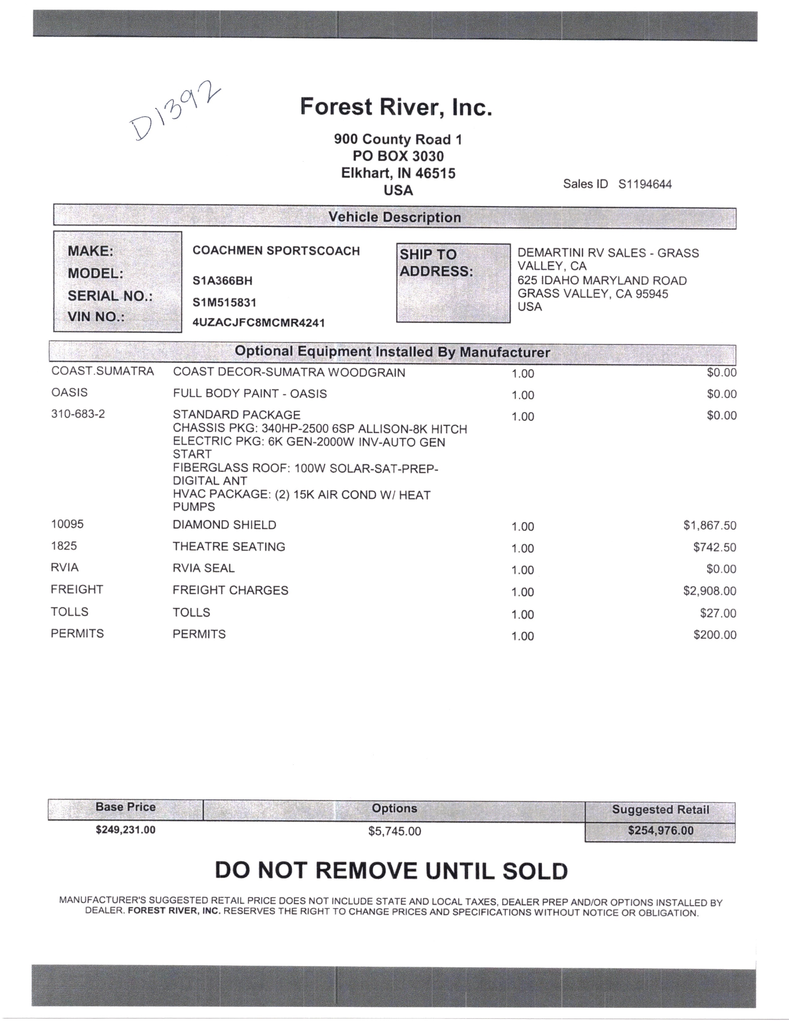 2021 Coachmen Sportscoach SRS 366BH MSRP Sheet