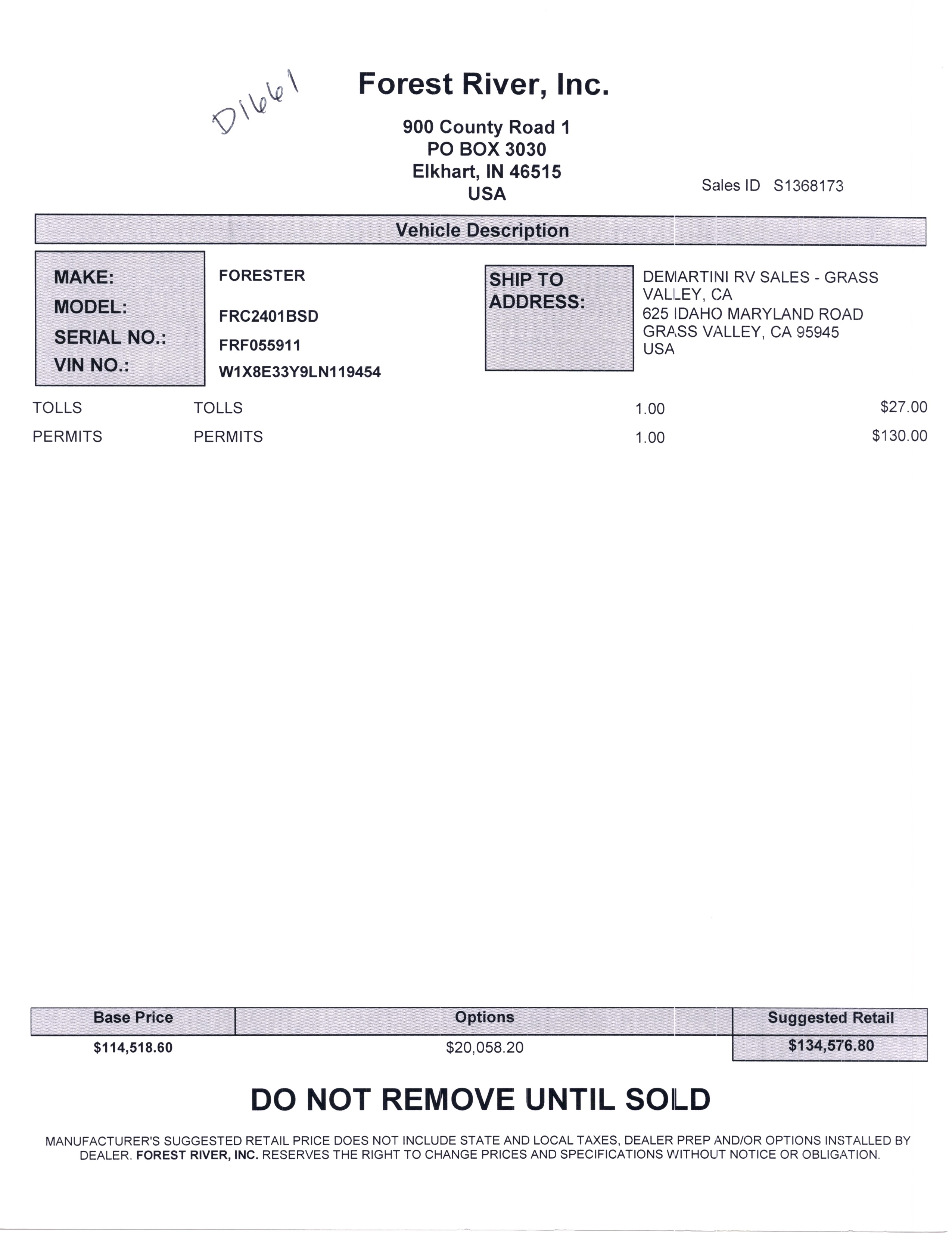 2021 Forest River Forester MBS 2401B MSRP Sheet