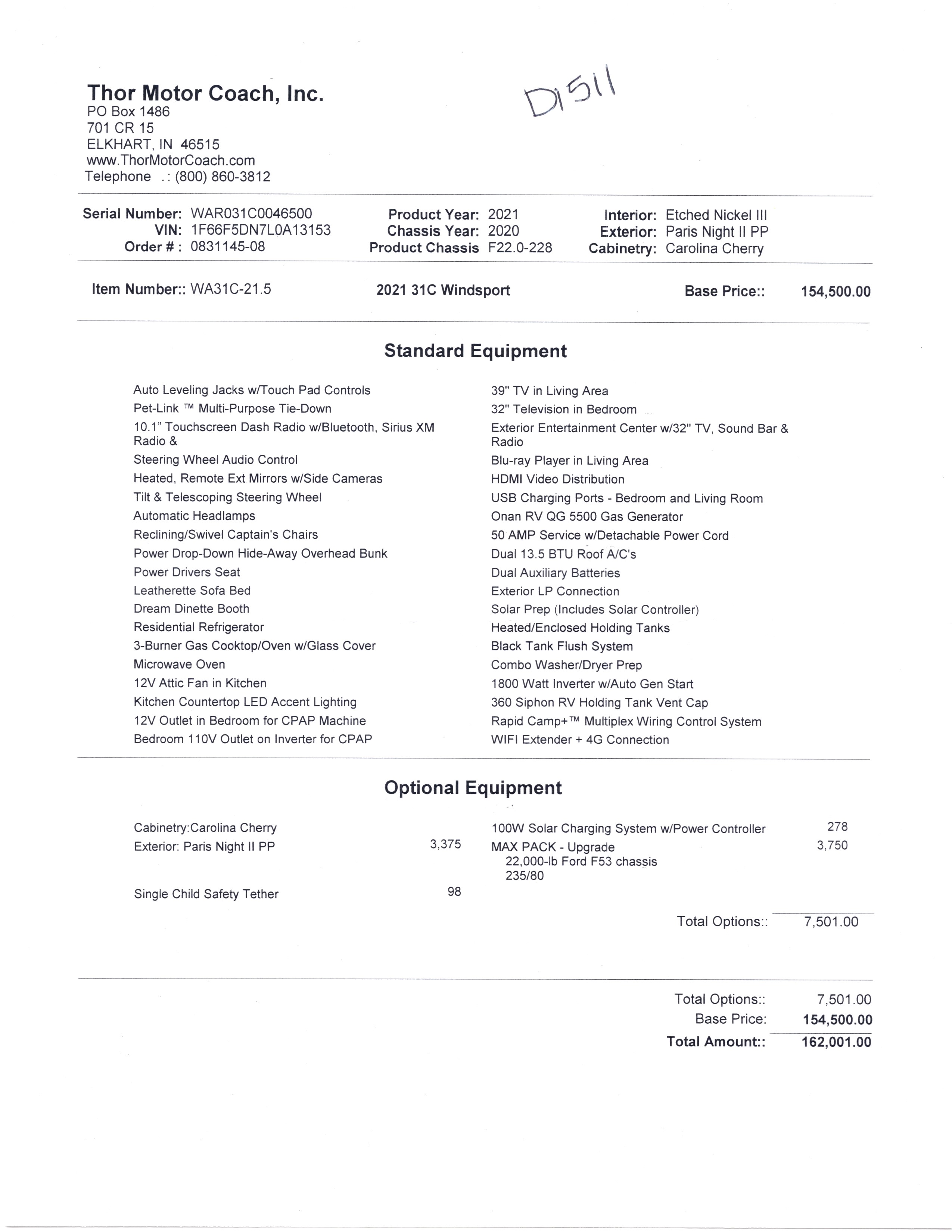 2021 Thor Windsport 31C MSRP Sheet