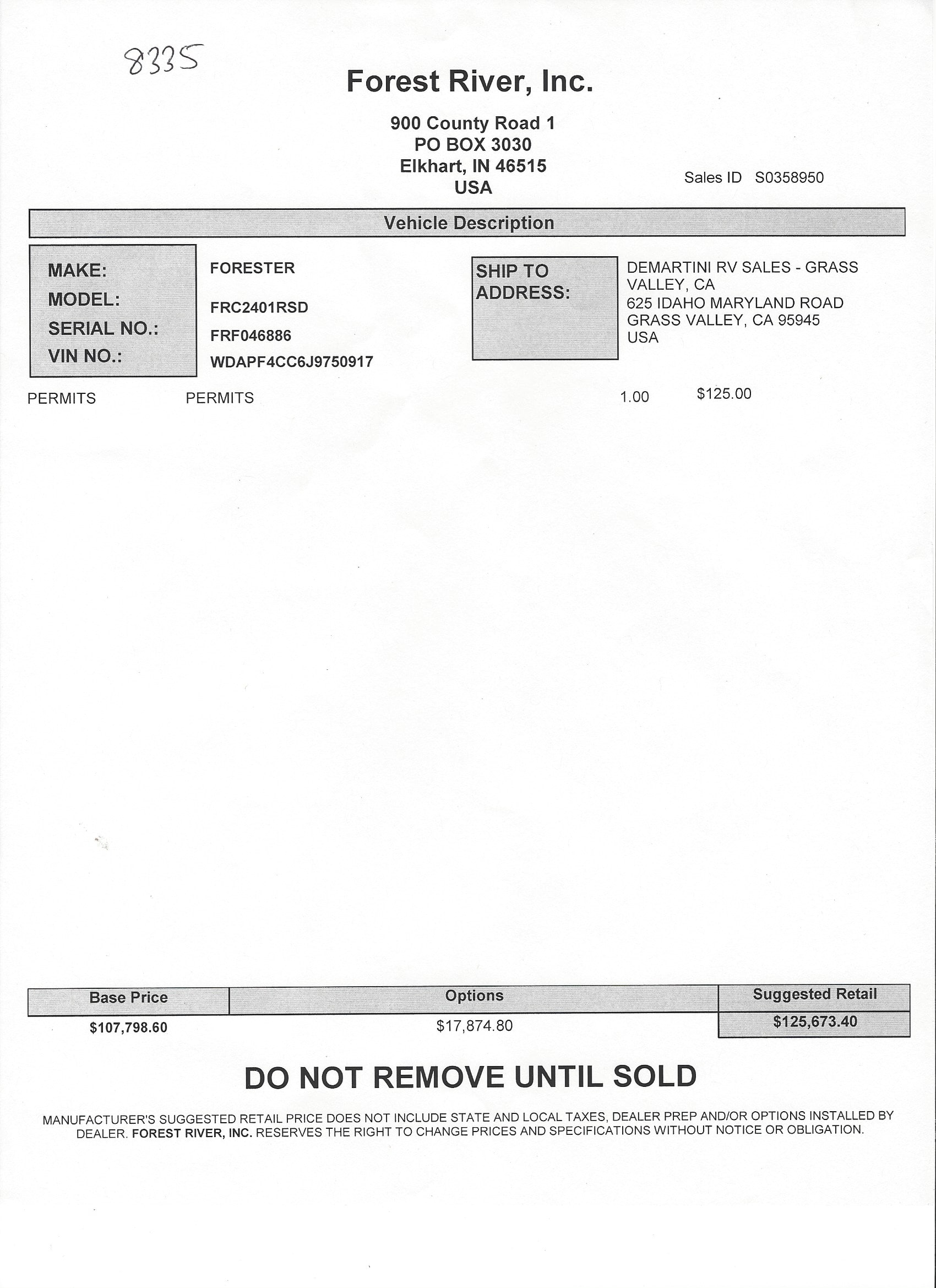 2019 Forest River Forester MBS 2401R MSRP Sheet