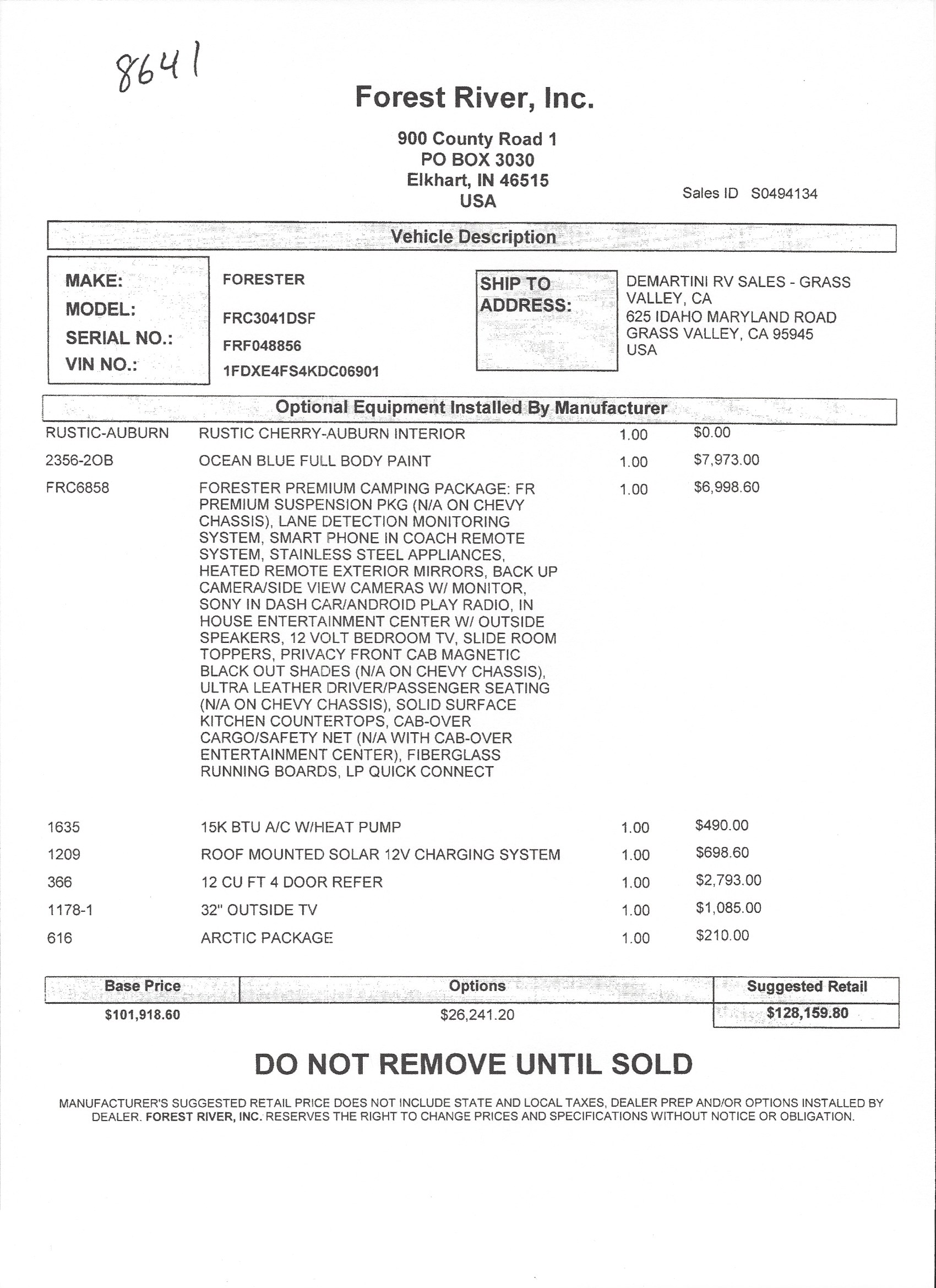 2019 Forest River Forester 3041DS MSRP Sheet