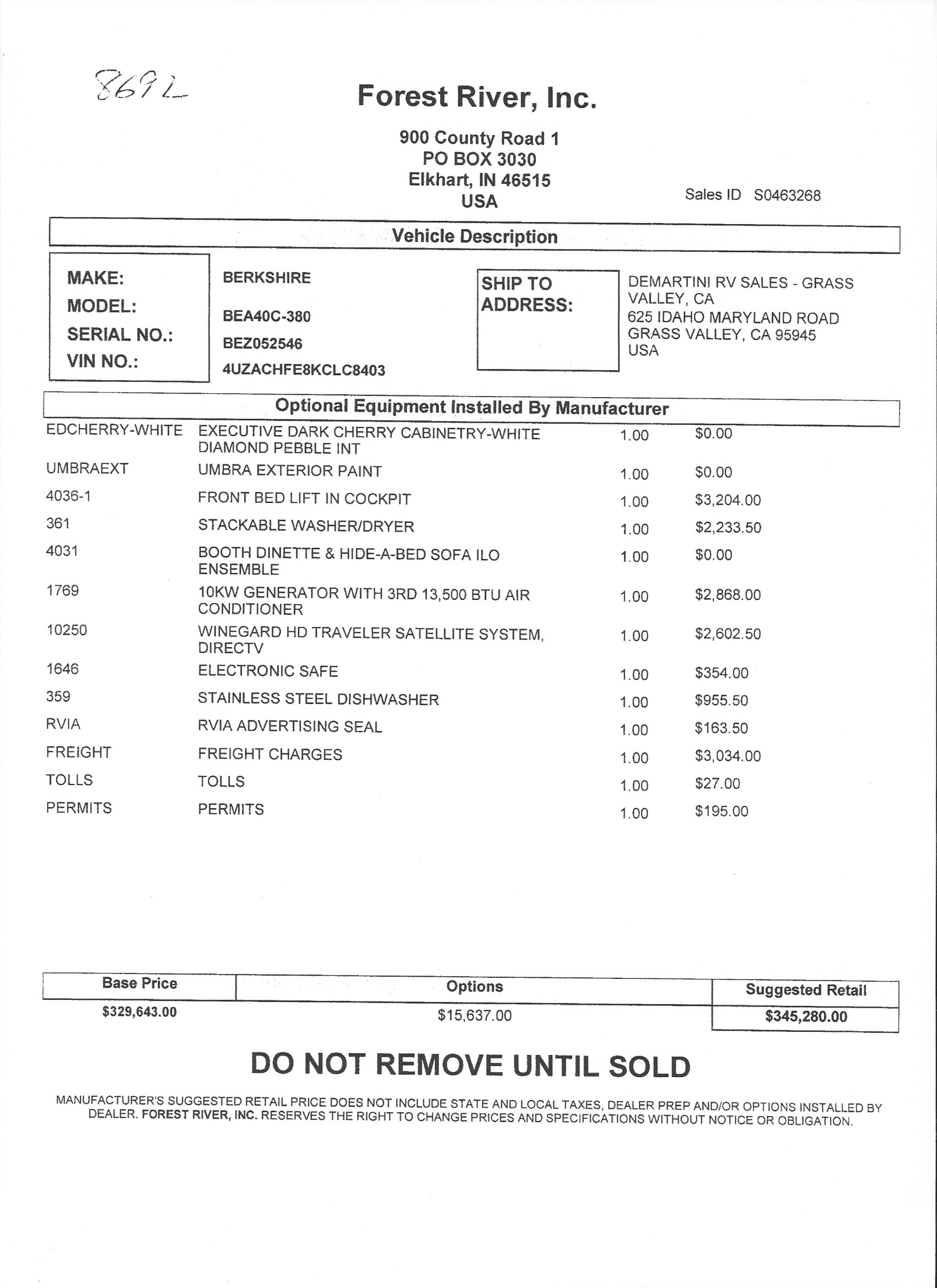 2019 Forest River Berkshire 40C MSRP Sheet