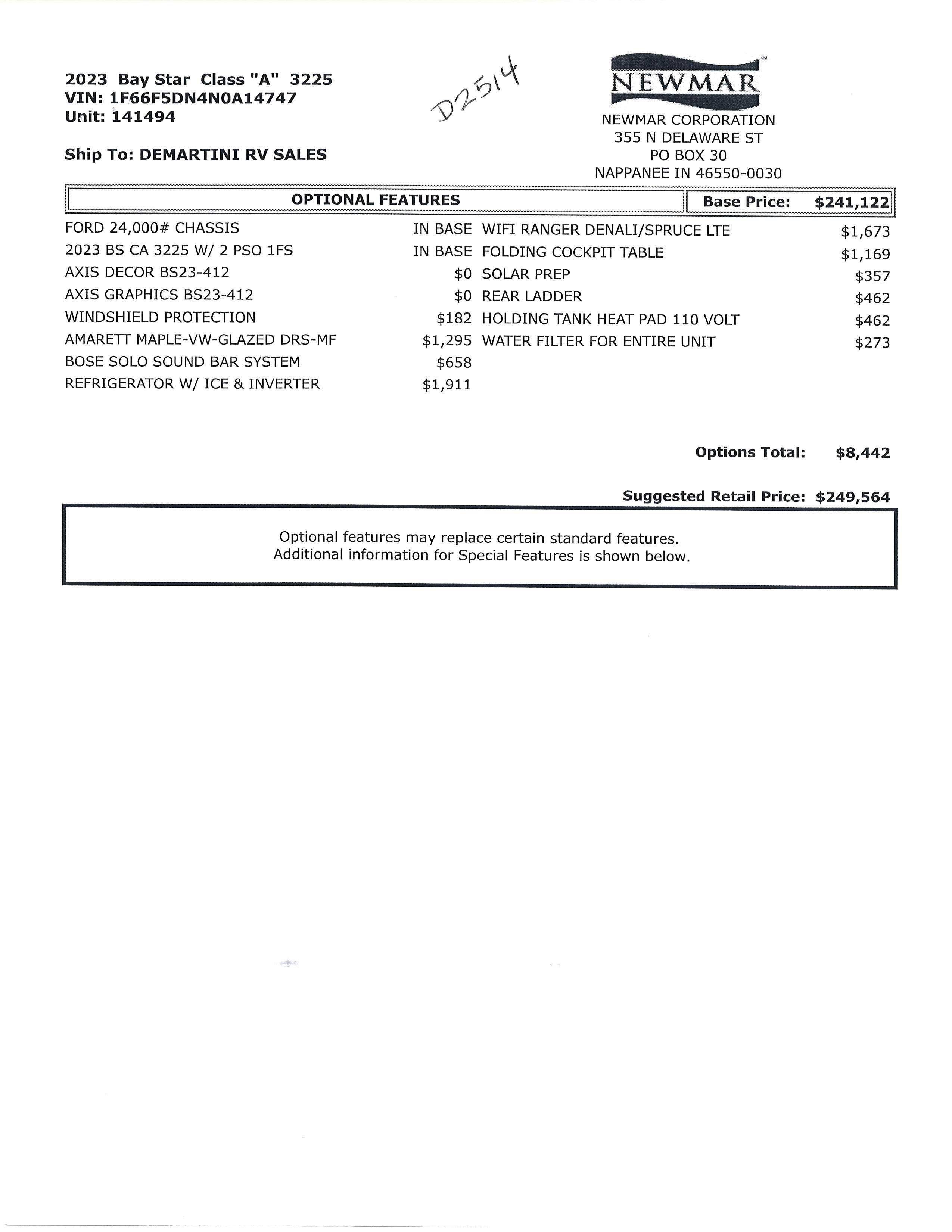 2023 Newmar Bay Star 3225 MSRP Sheet