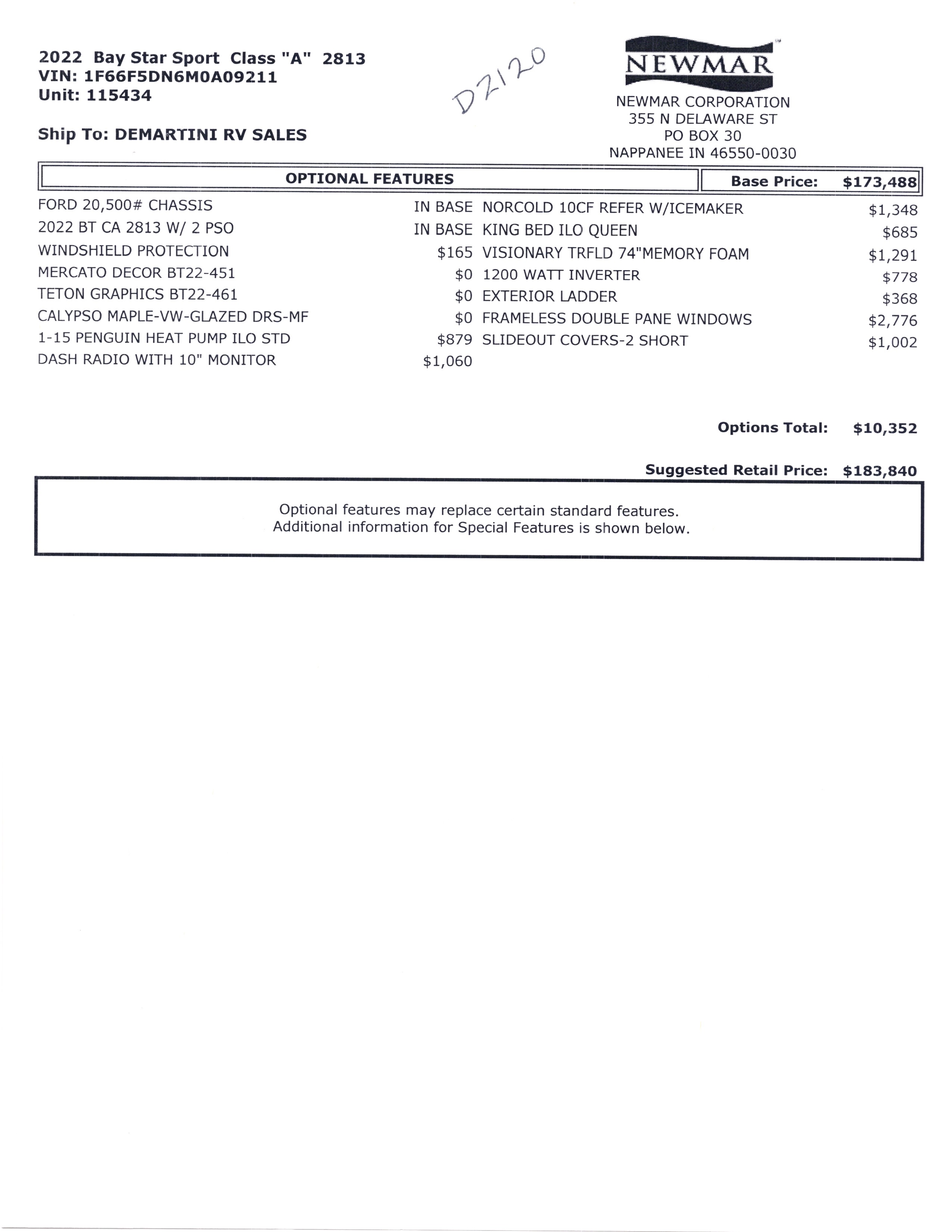 2022 Newmar Bay Star Sport 2813 MSRP Sheet