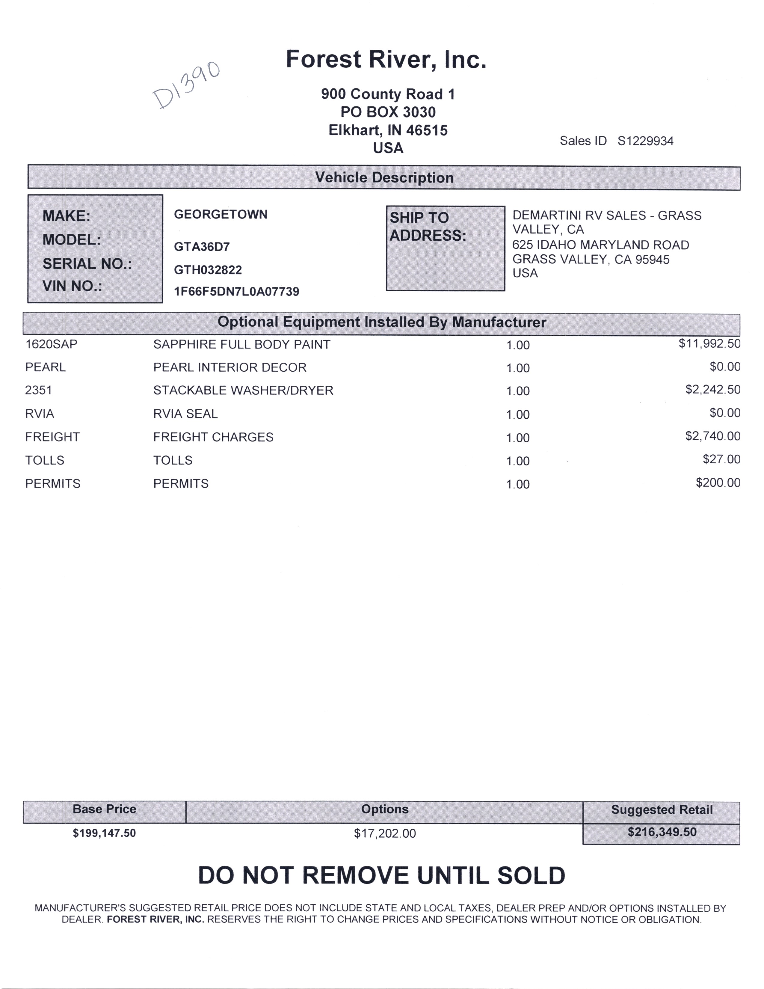 2021 Forest River Georgetown GT7 36D7 MSRP Sheet