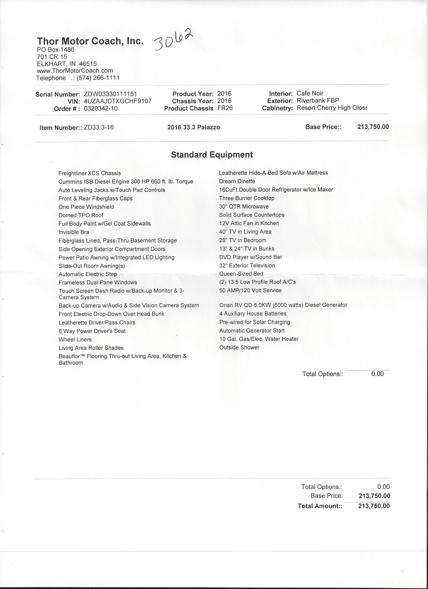 2016 Thor Palazzo 33.3 MSRP Sheet