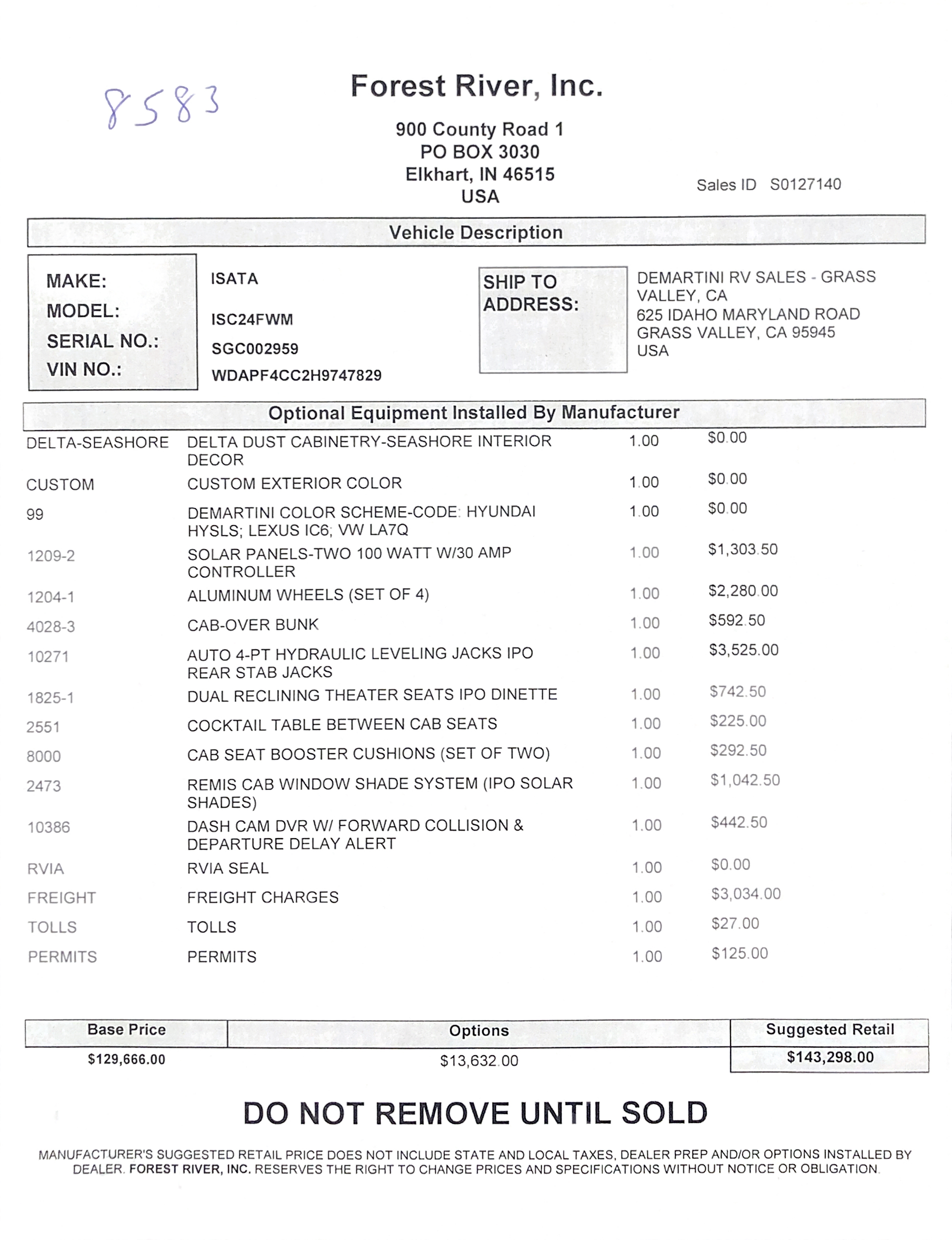 2019 Dynamax Isata 3 24FW MSRP Sheet