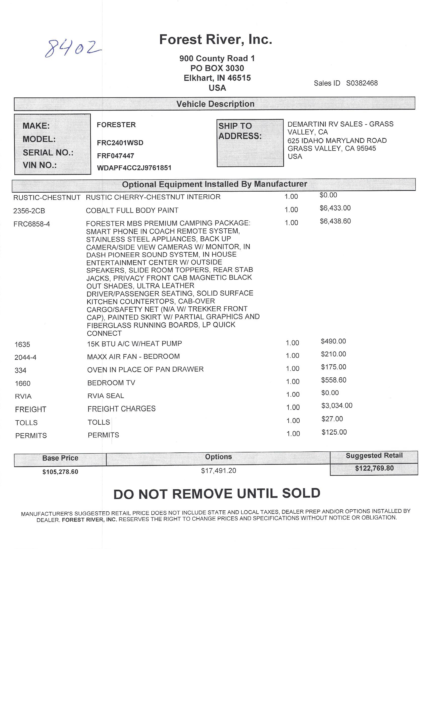 2019 Forest River Forester MBS 2401W MSRP Sheet