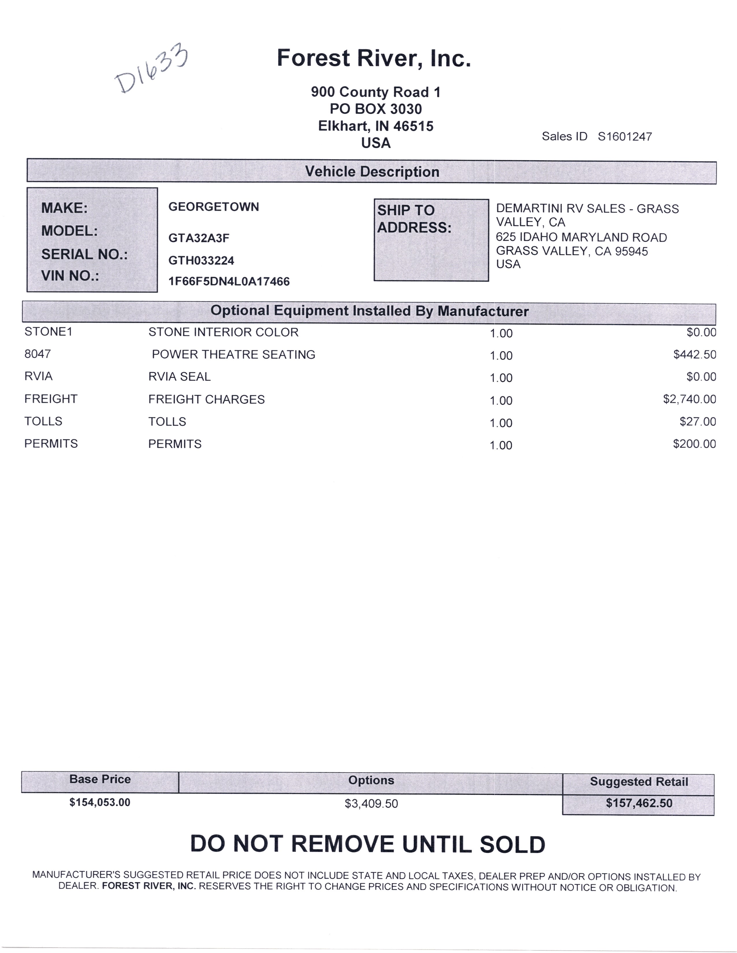 2021 Forest River Georgetown GT3 32A3 MSRP Sheet