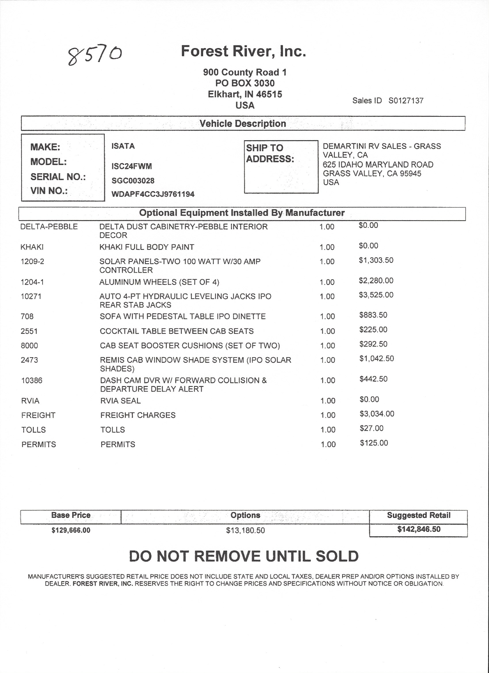 2019 Dynamax Isata 3 24FW MSRP Sheet