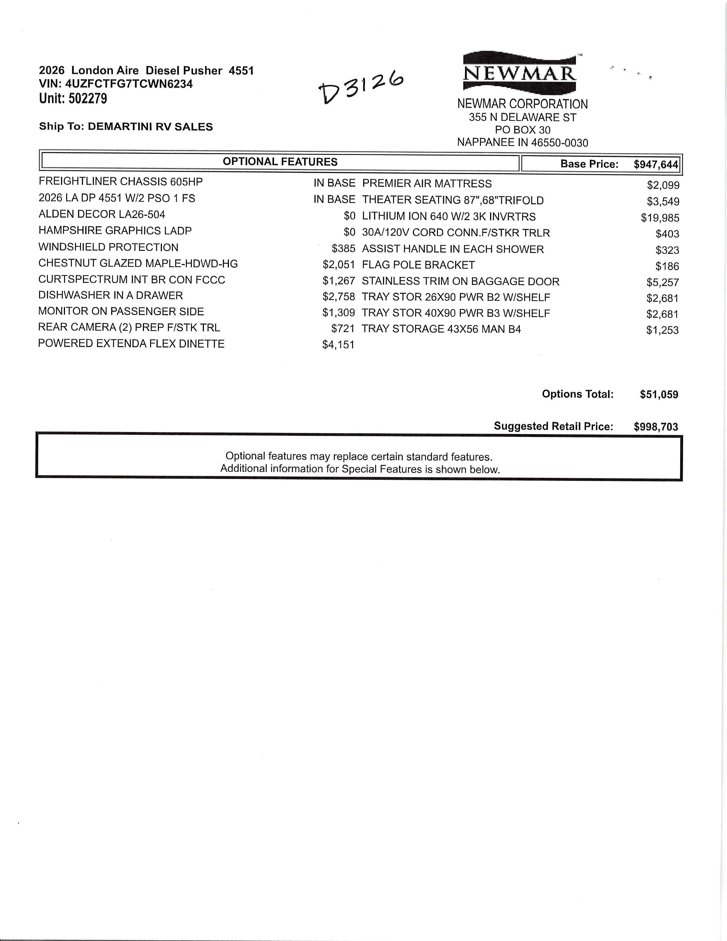 2026 Newmar London Aire 4551 MSRP Sheet