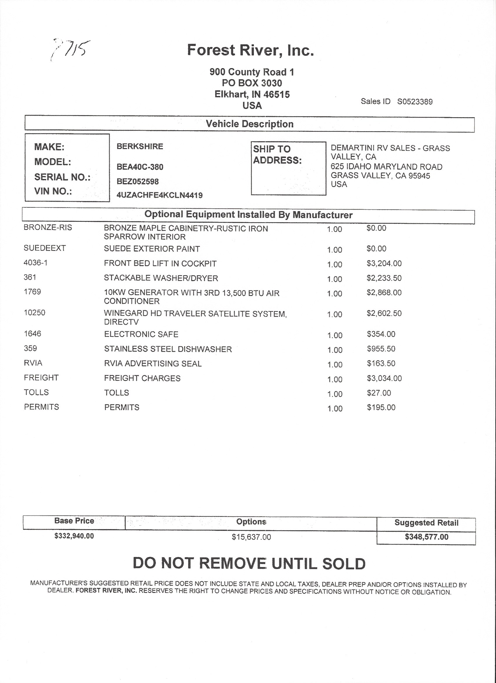 2019 Forest River Berkshire XL 40C MSRP Sheet