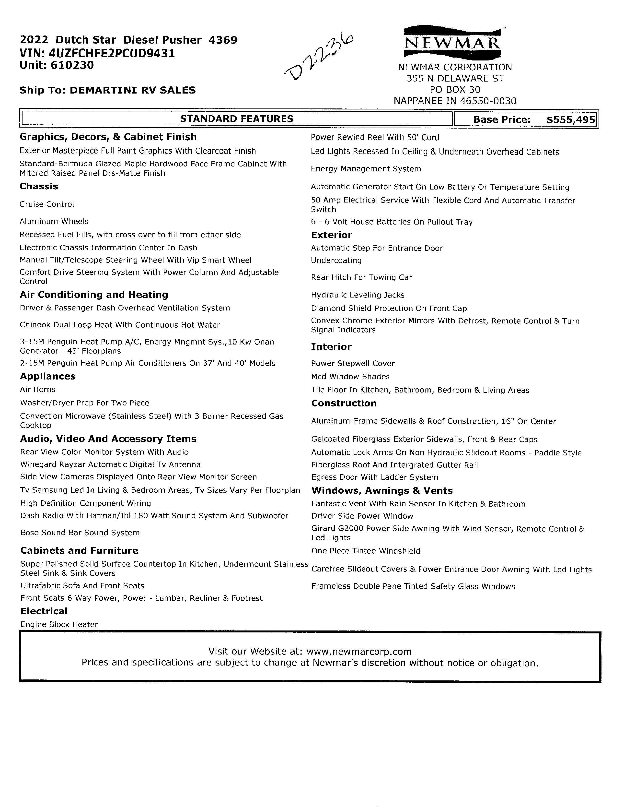 2022 Newmar Dutch Star 4369 MSRP Sheet