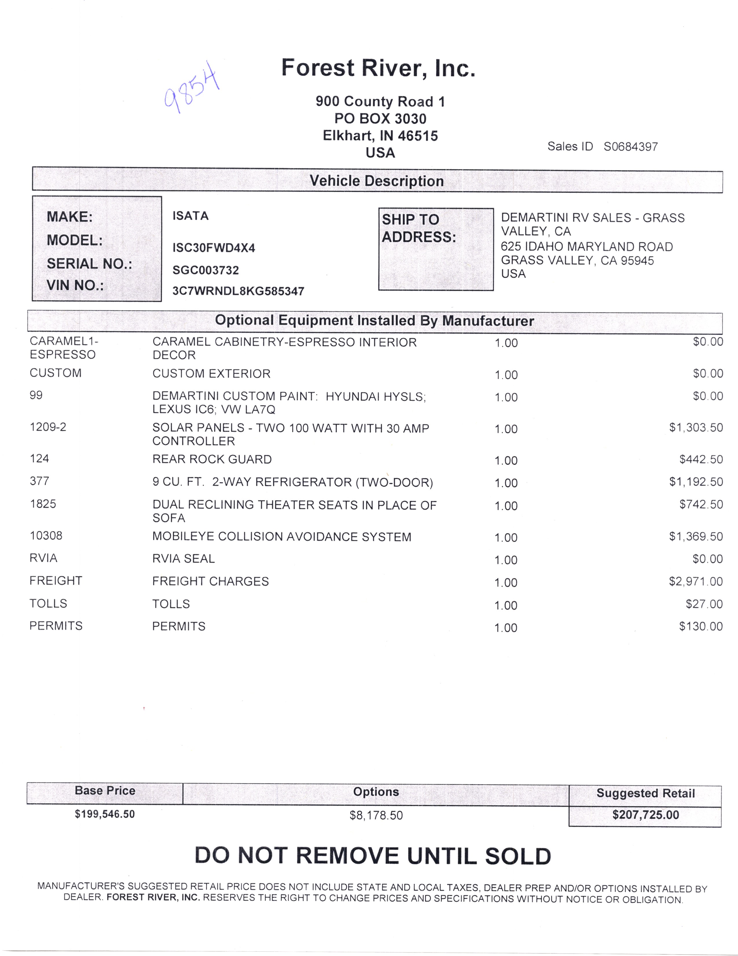 2020 Dynamax Isata 5 4x4 30FW MSRP Sheet