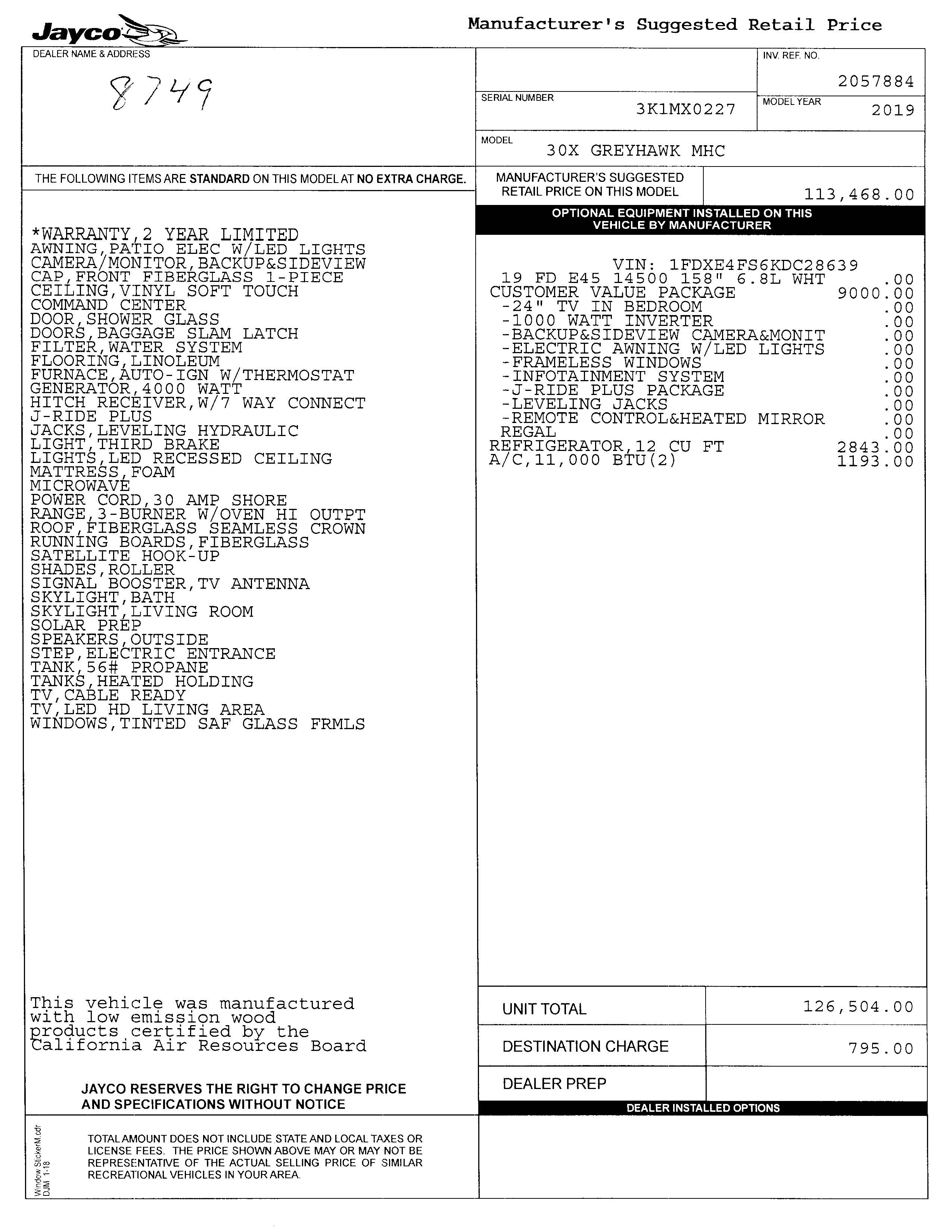 2019 Jayco Greyhawk 30X MSRP Sheet