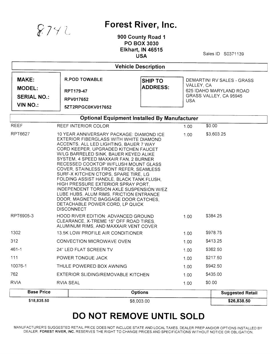 2019 Forest River R-Pod 179 MSRP Sheet