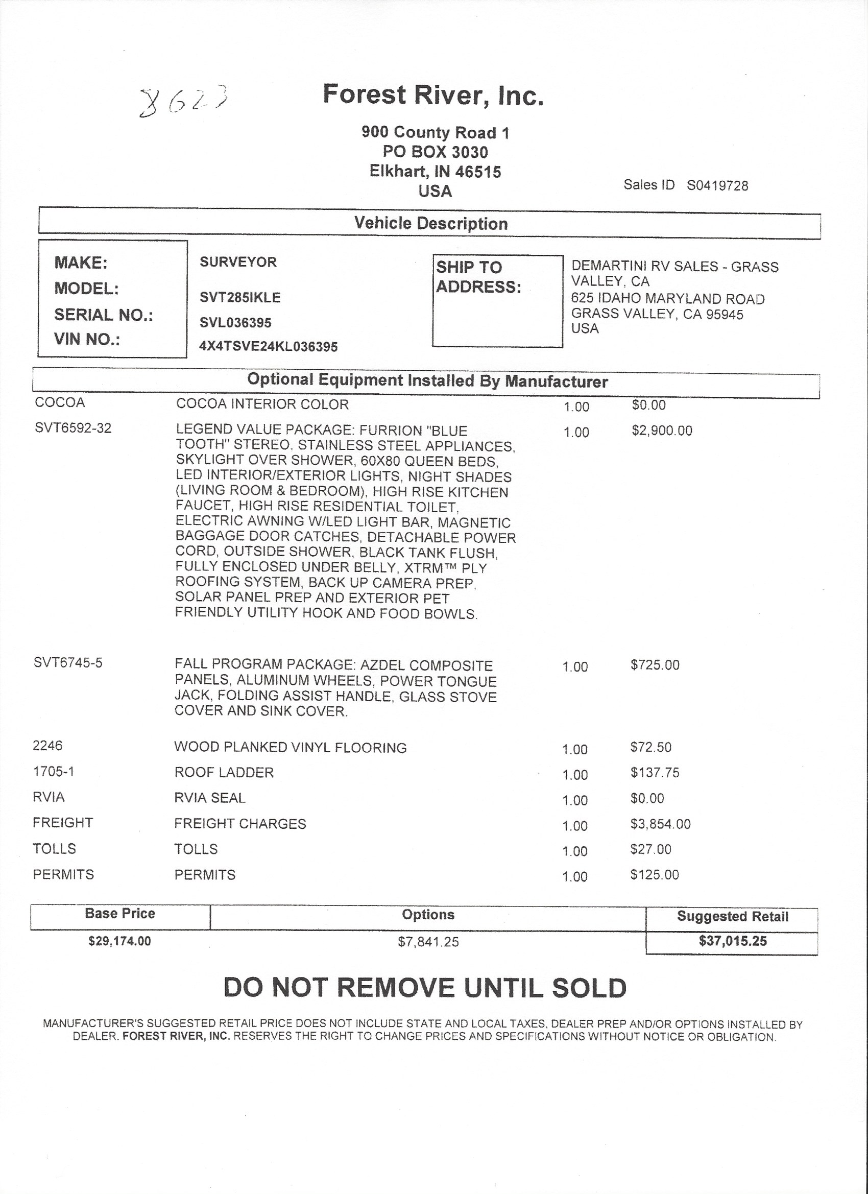 2019 Forest River Surveyor Legend 285IKLE MSRP Sheet