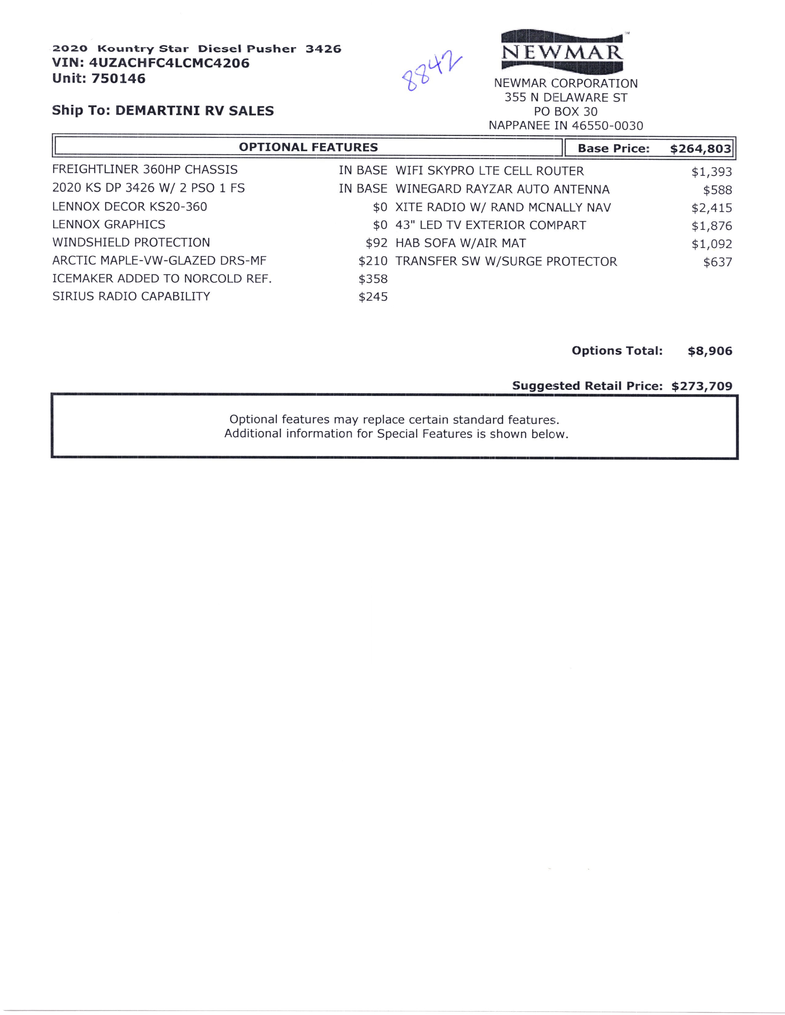 2020 Newmar Kountry Star 3426 MSRP Sheet