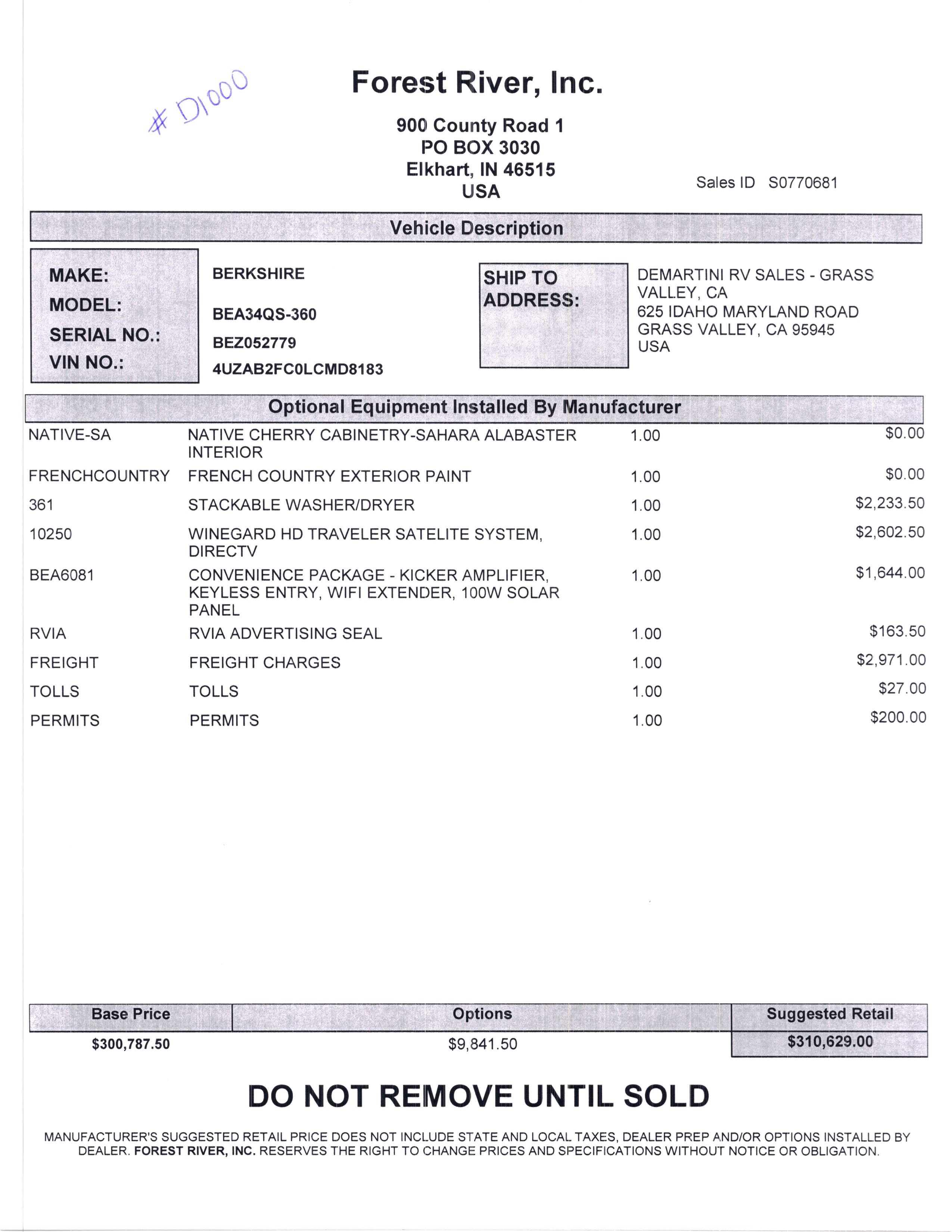 2020 Forest River Berkshire 34QS MSRP Sheet