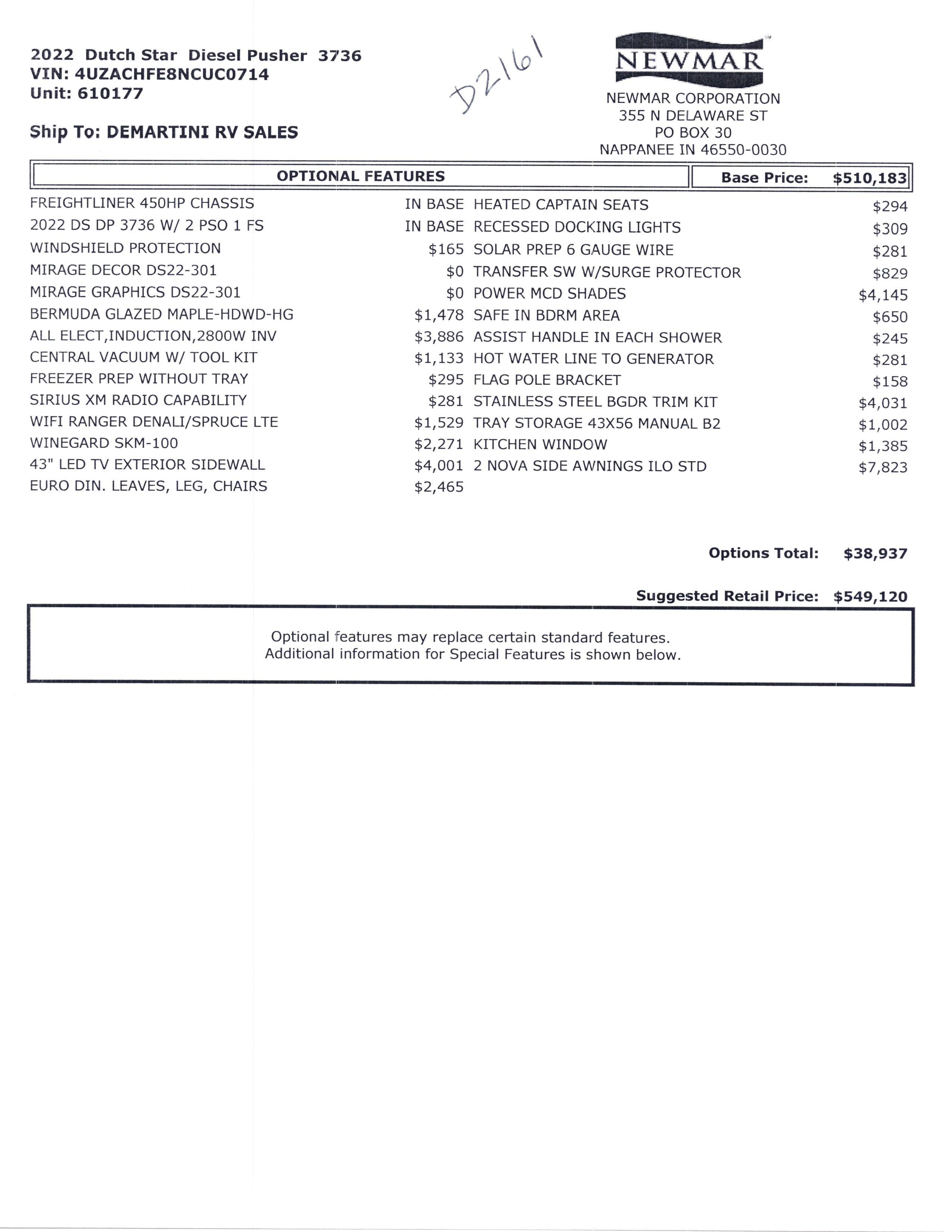 2022 Newmar Dutch Star 3736 MSRP Sheet