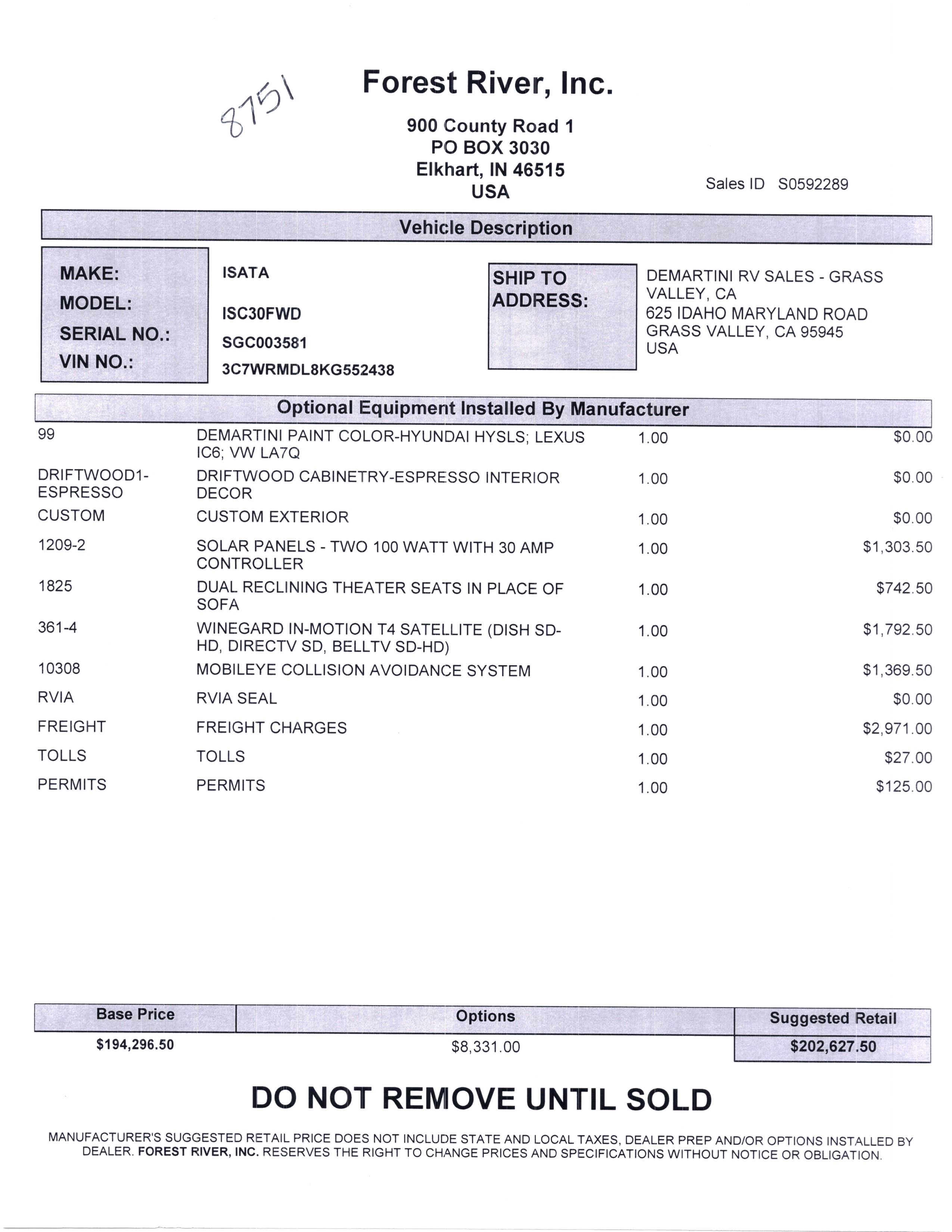 2020 Dynamax Isata 5 30FW MSRP Sheet