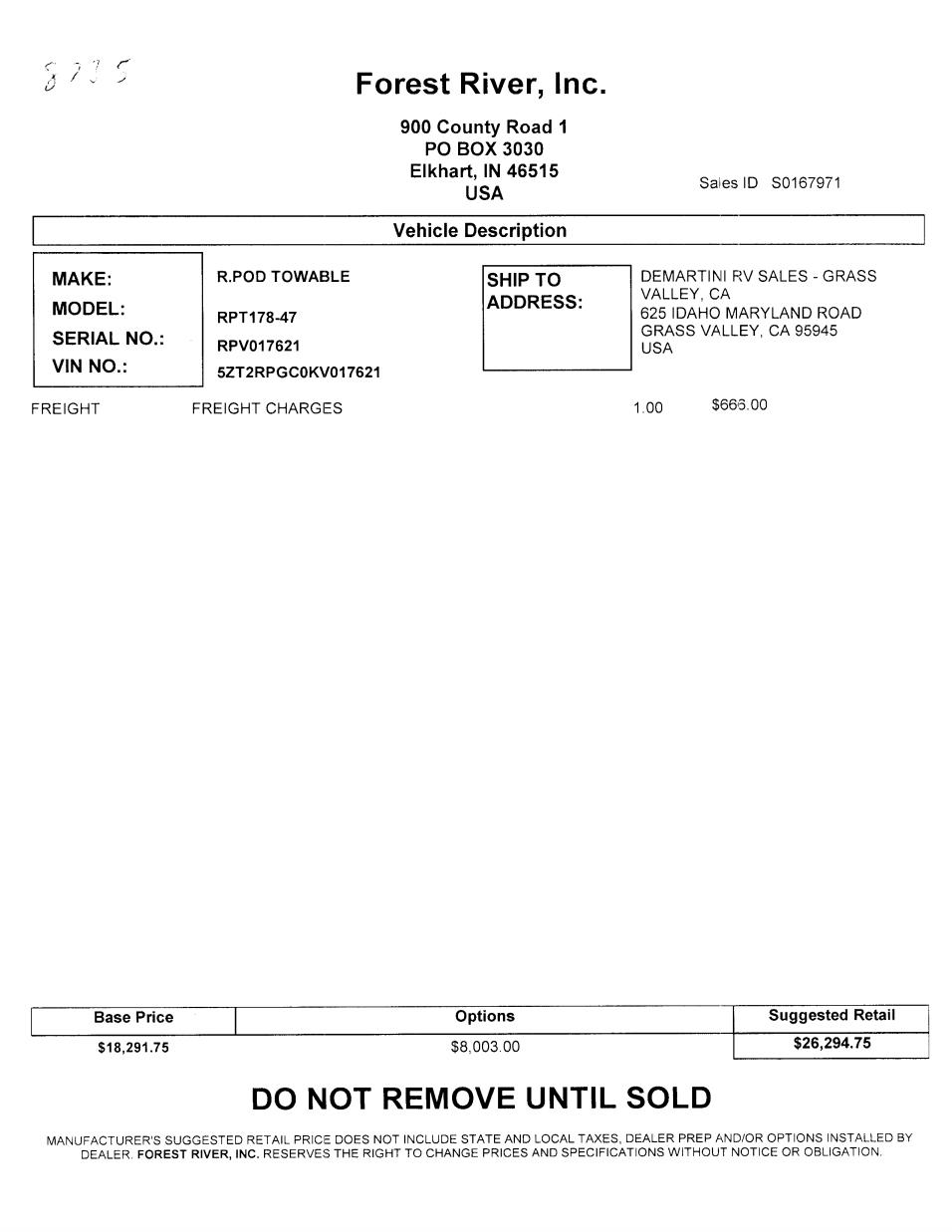 2019 Forest River R-Pod 178 MSRP Sheet