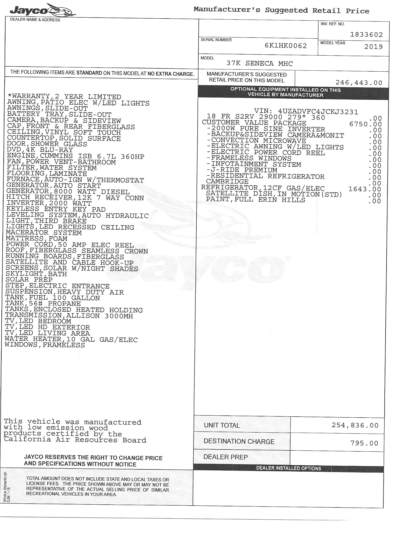 2019 Jayco Seneca 37K MSRP Sheet