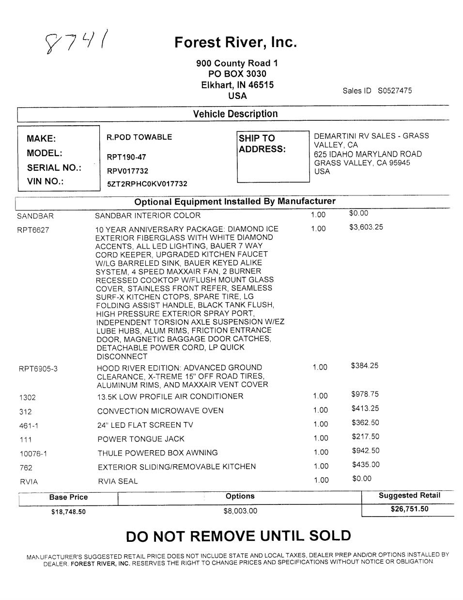 2019 Forest River R-Pod 190 MSRP Sheet