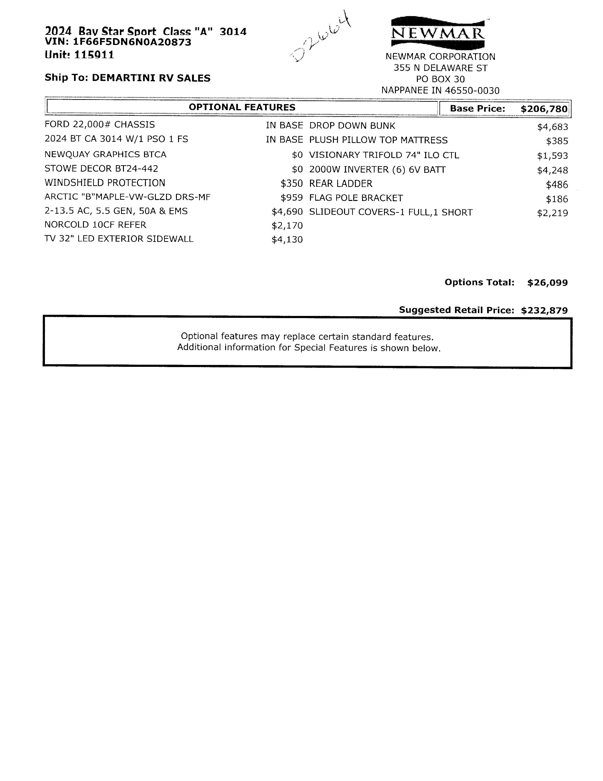 2024 Newmar Bay Star Sport 3014 MSRP Sheet