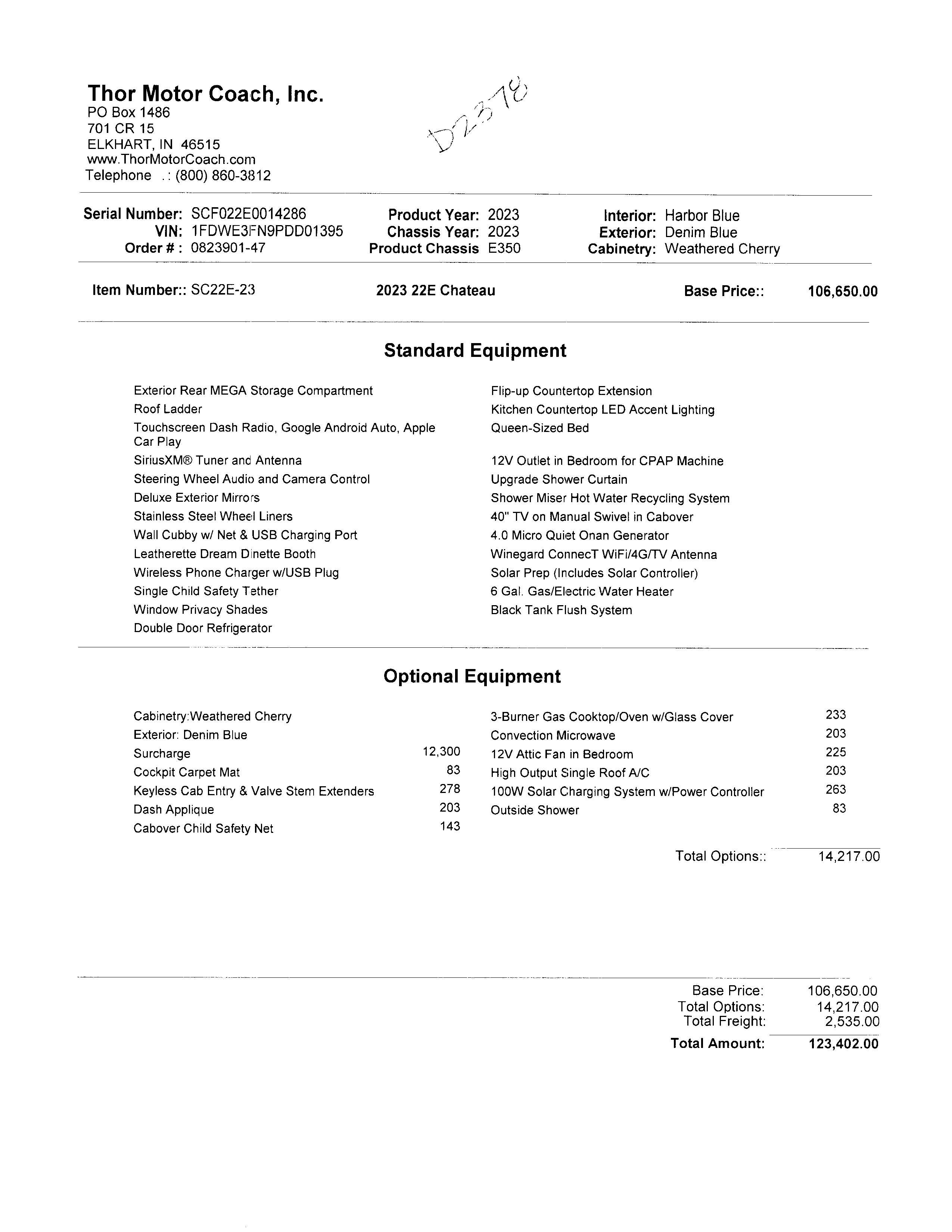 2023 Thor Chateau 22E MSRP Sheet